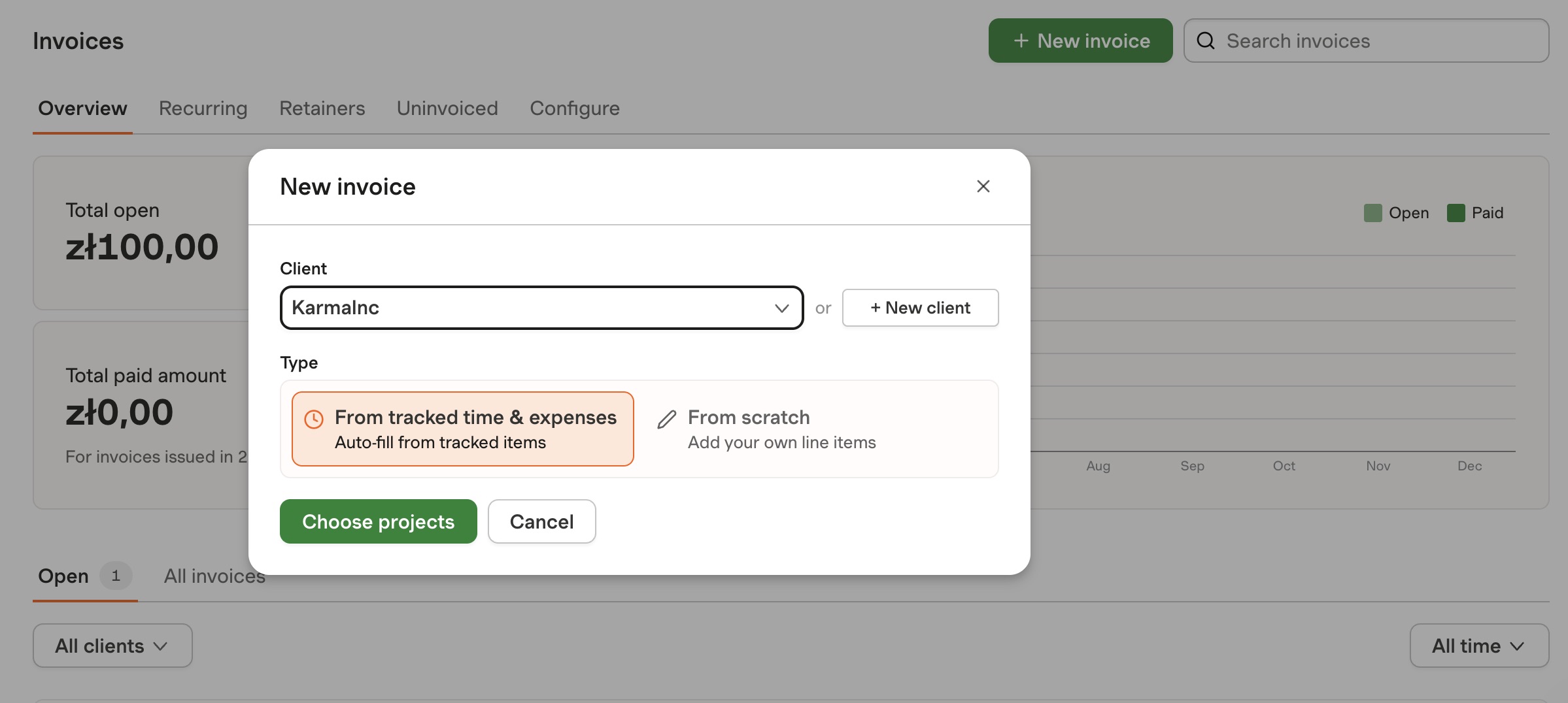 a screenshot of harvest invoicing view