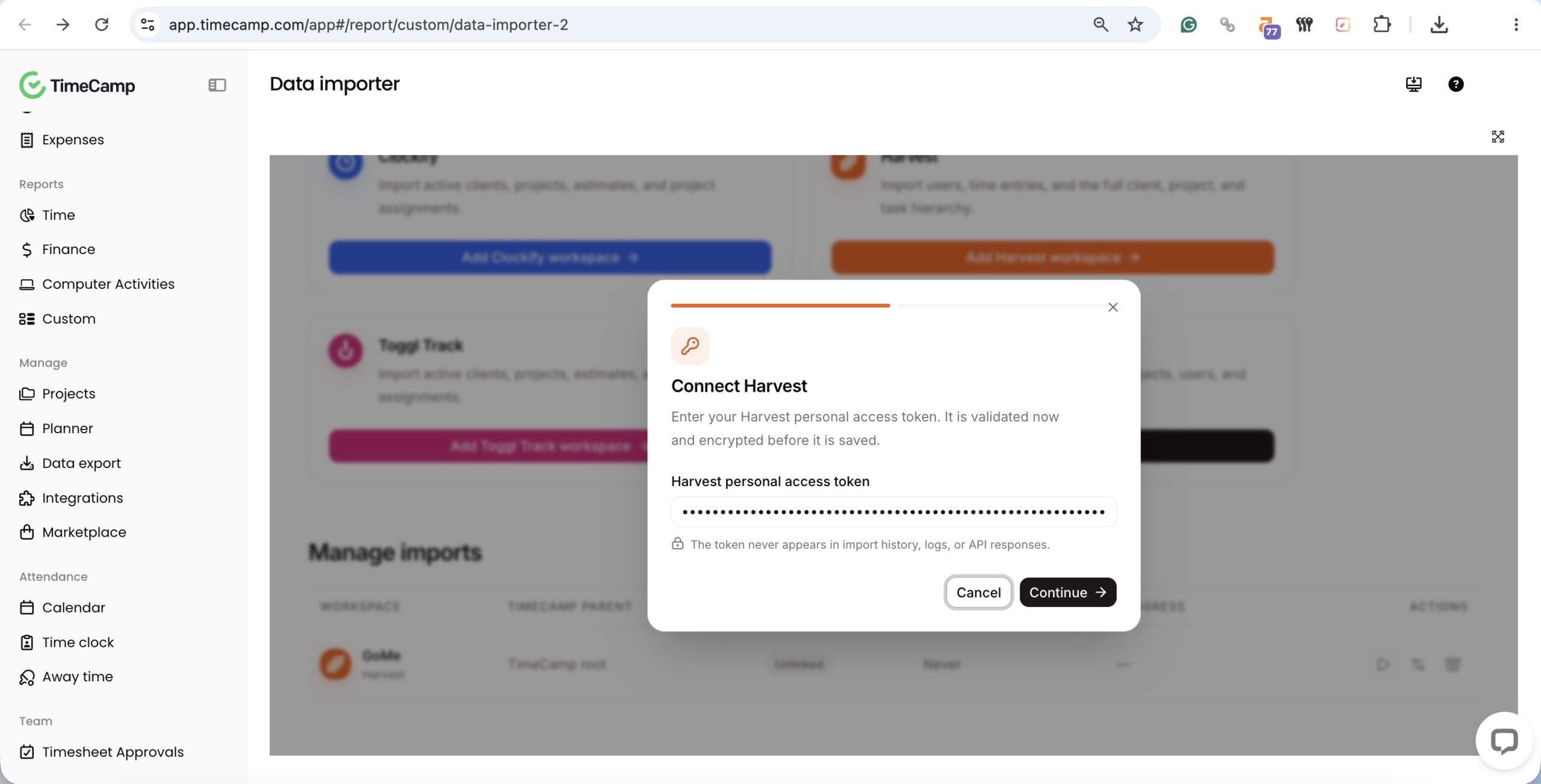 a screenshot of harvest to timecamp migration step 1