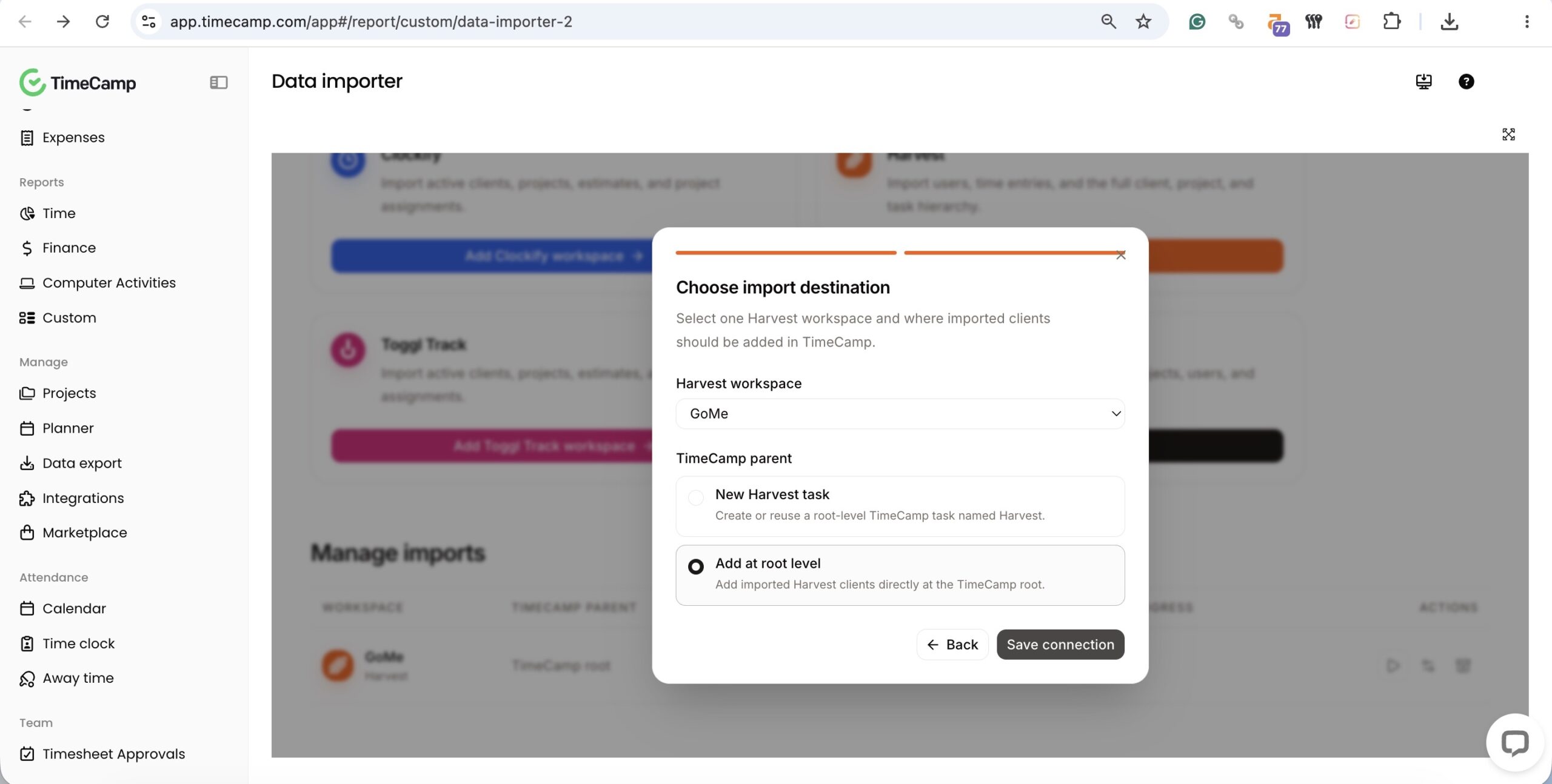 a screenshot of harvest to timecamp migration step 2
