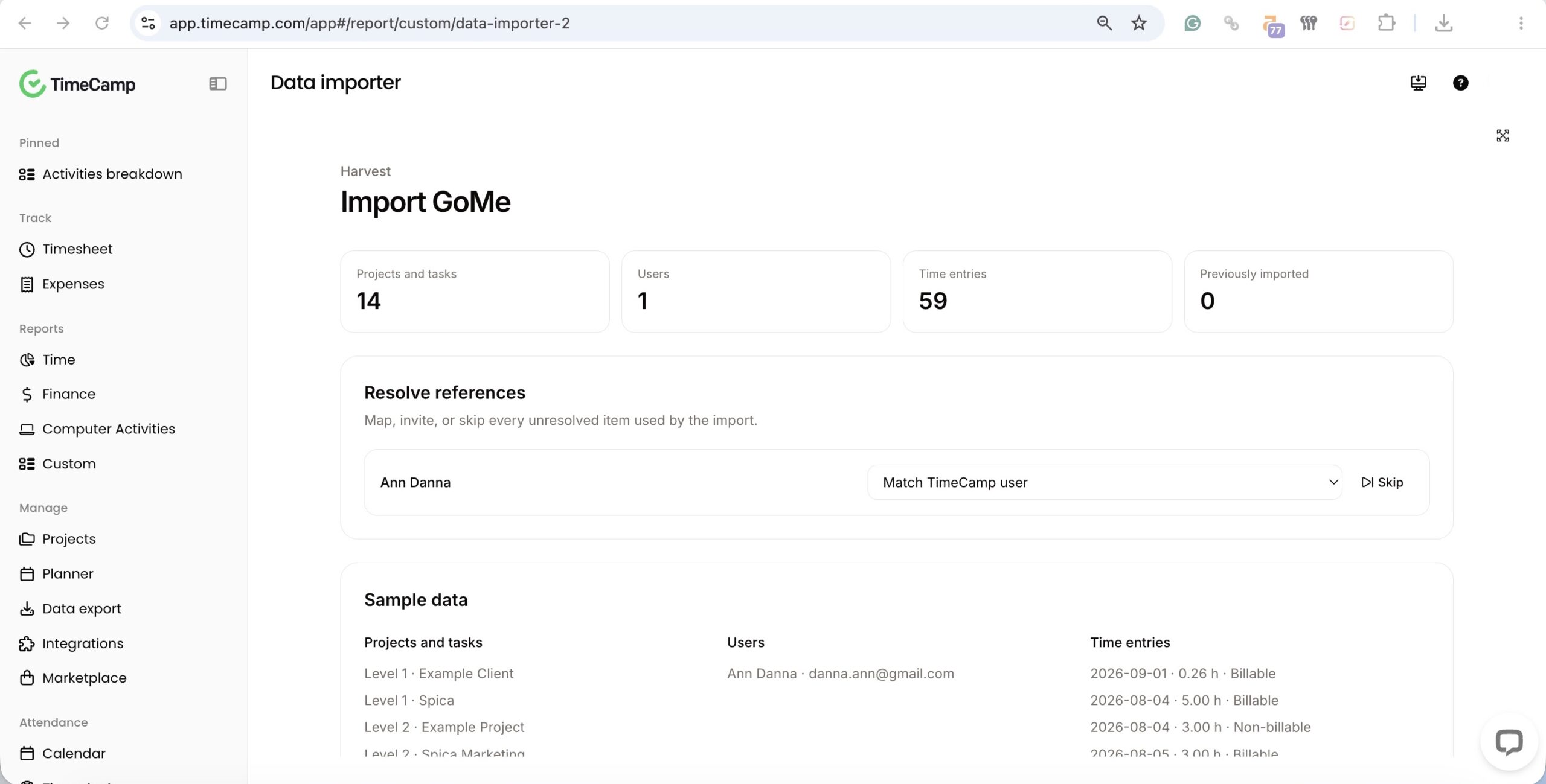 a screenshot of harvest to timecamp migration step 4