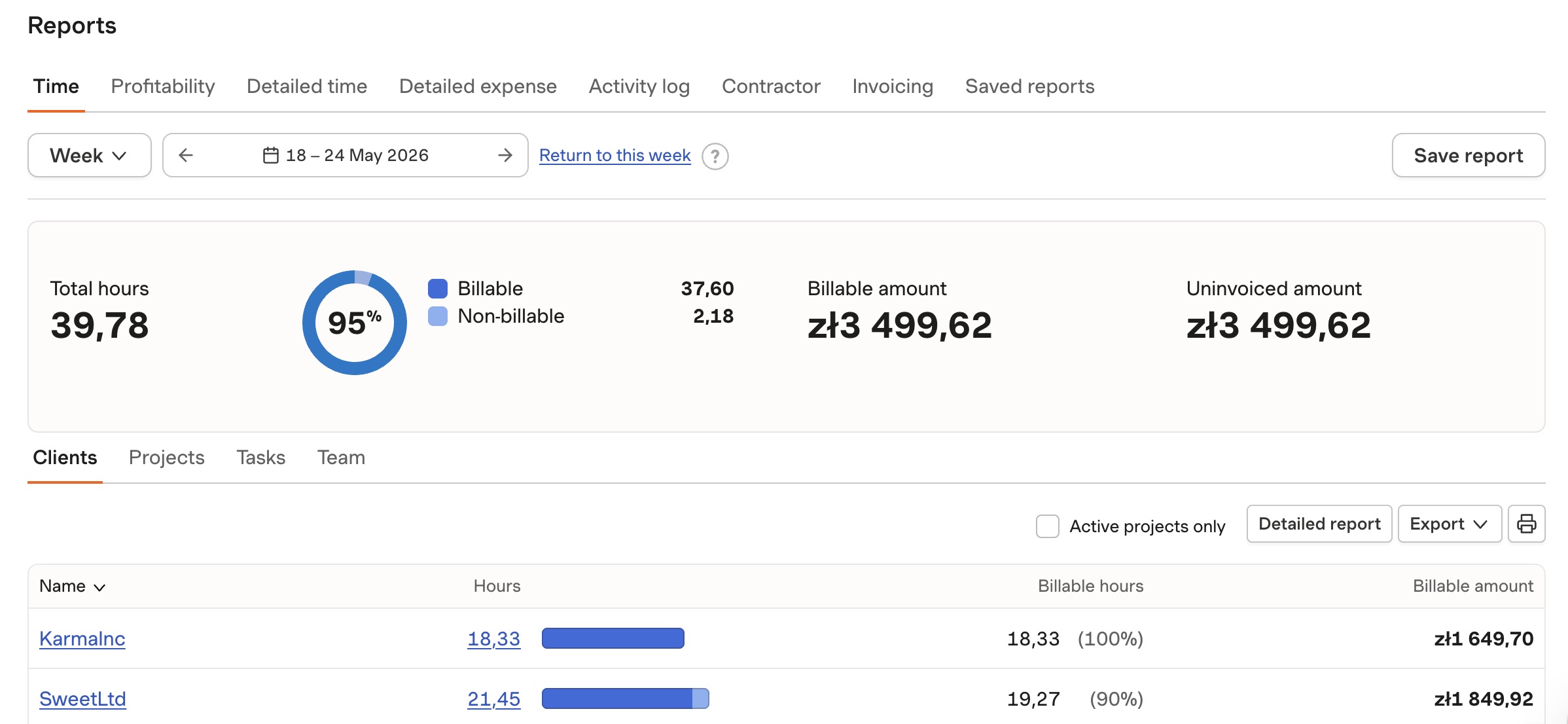 a screenshot of harvest reports view