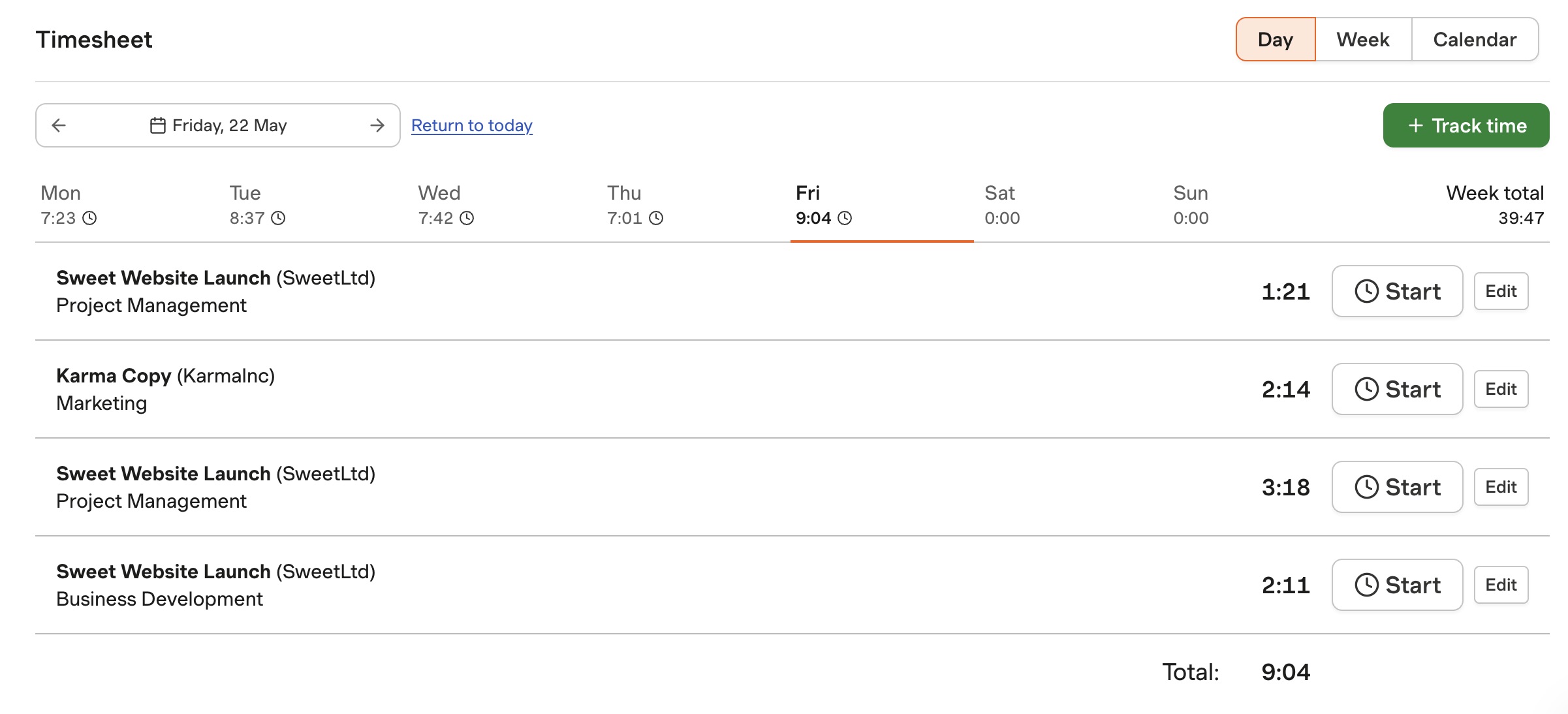 a screenshot of harvest timesheet view