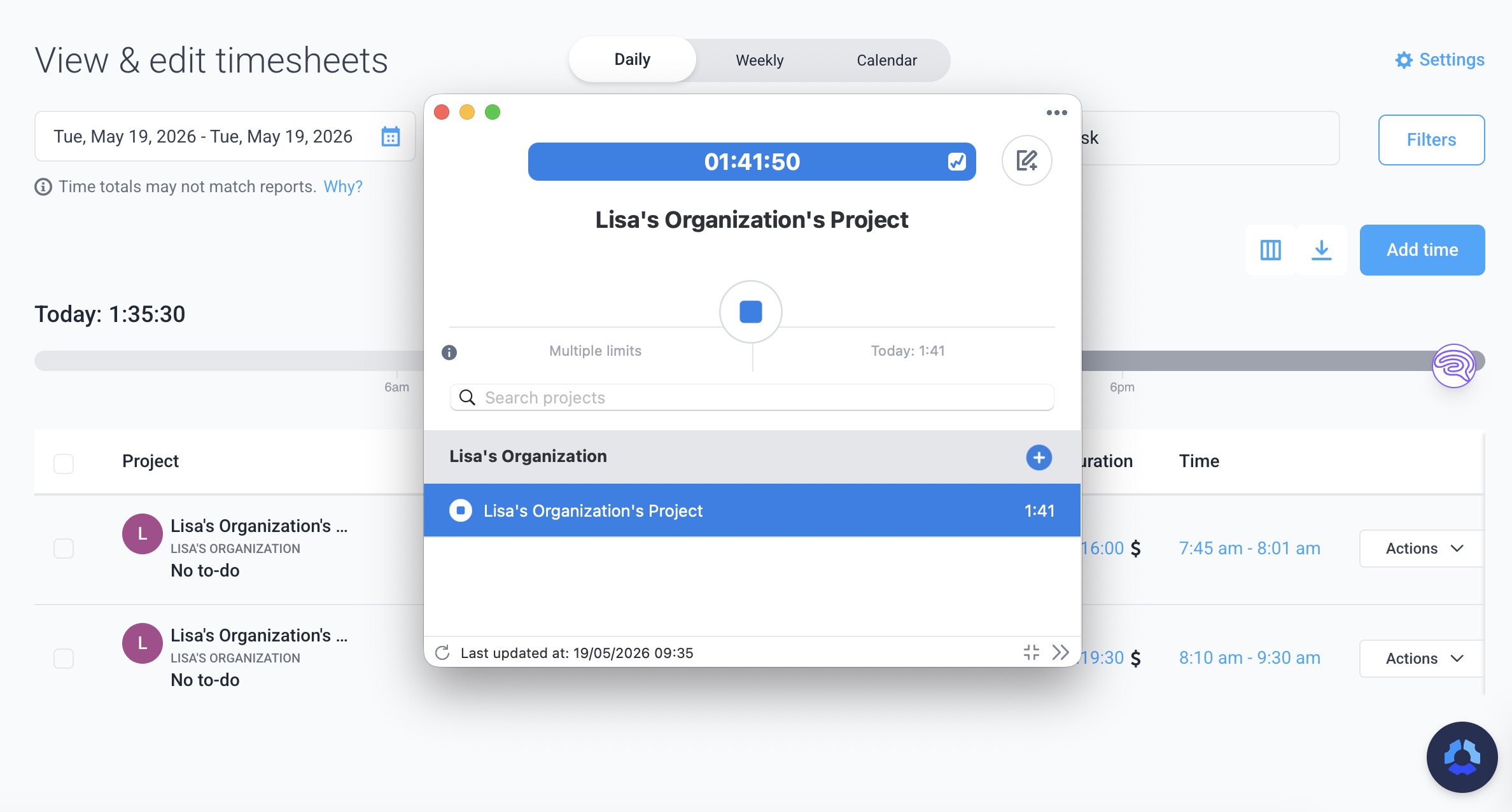 a screenshots of hubstaff's desktop app with a timesheet view in the background