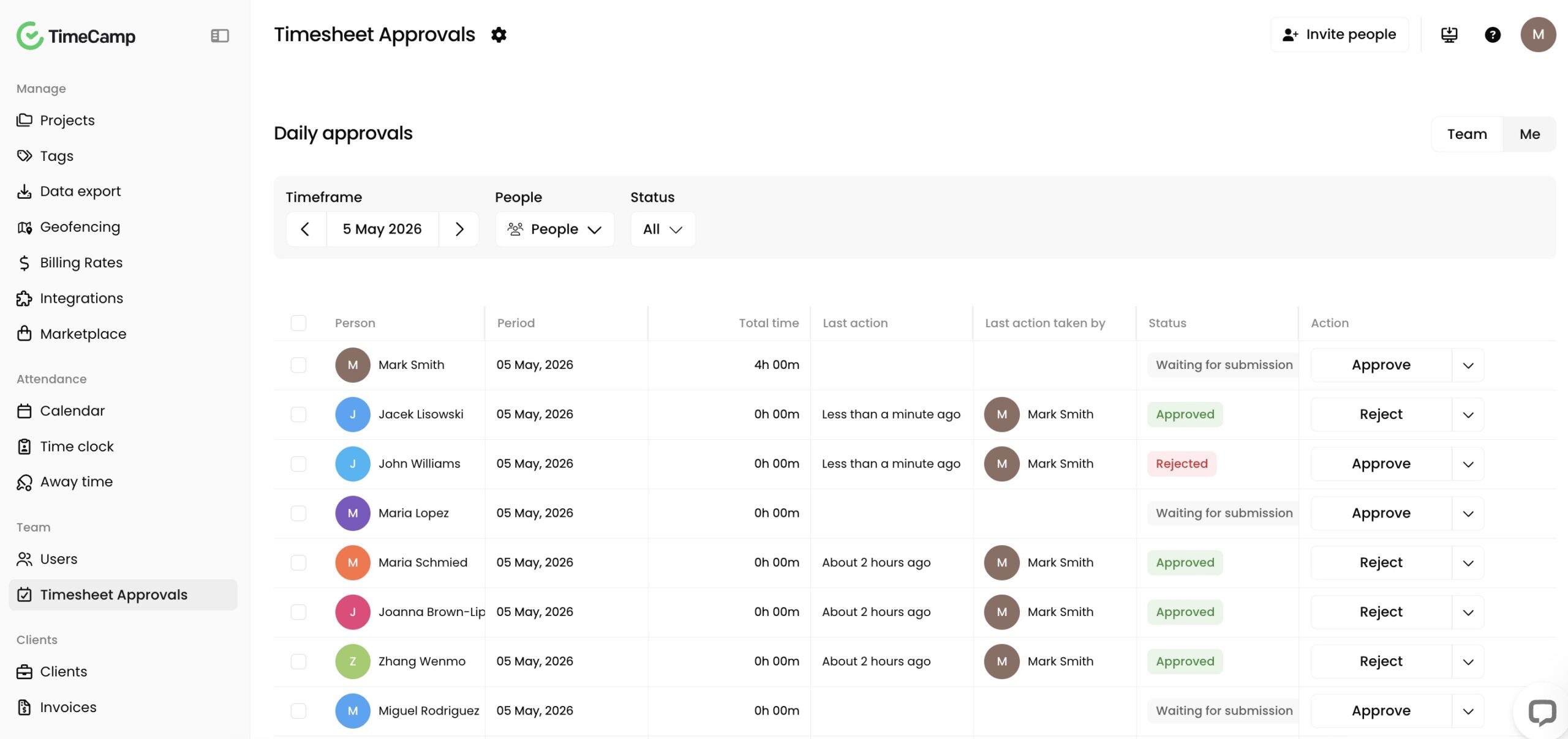 timesheet approvals in timecamp