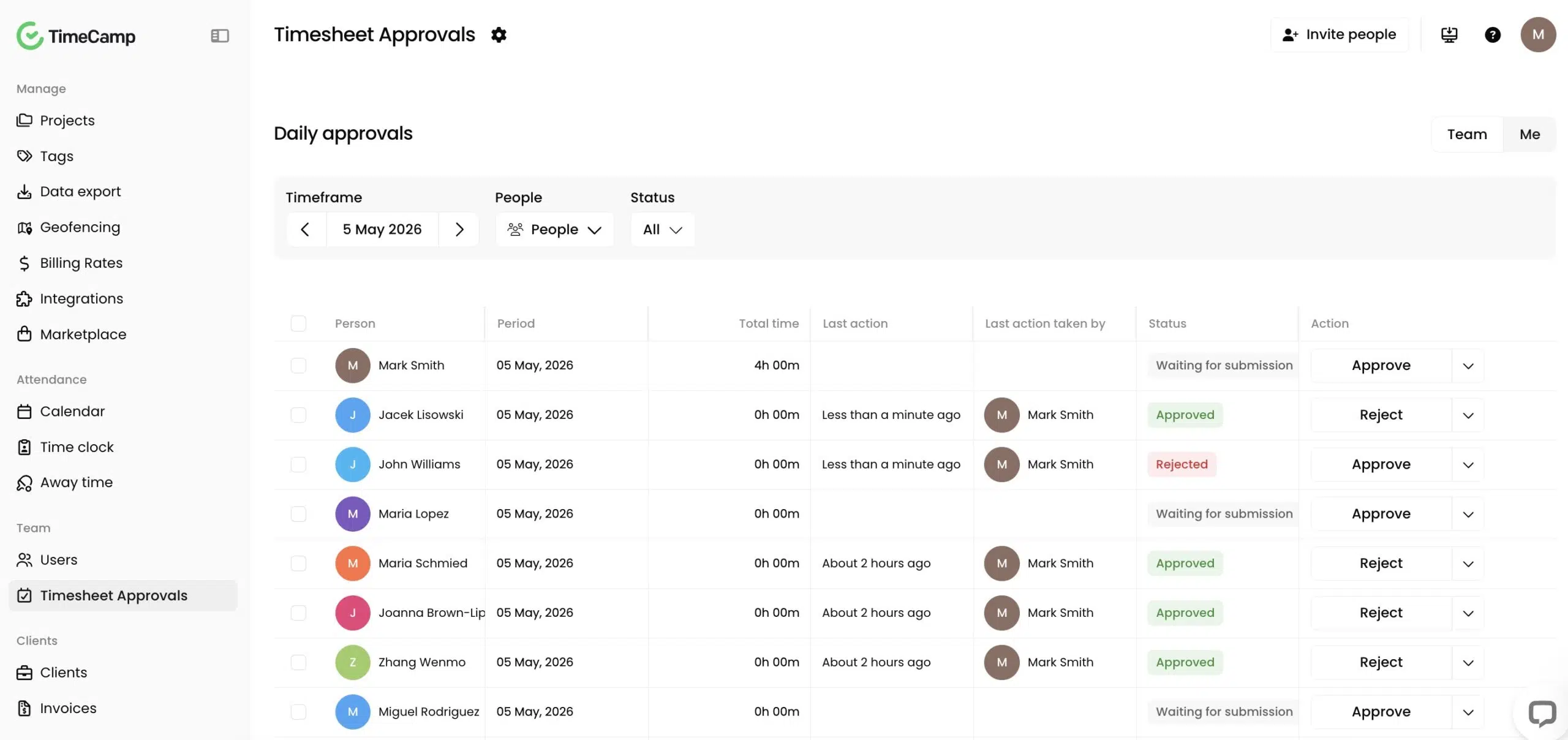 timesheet approvals in timecamp