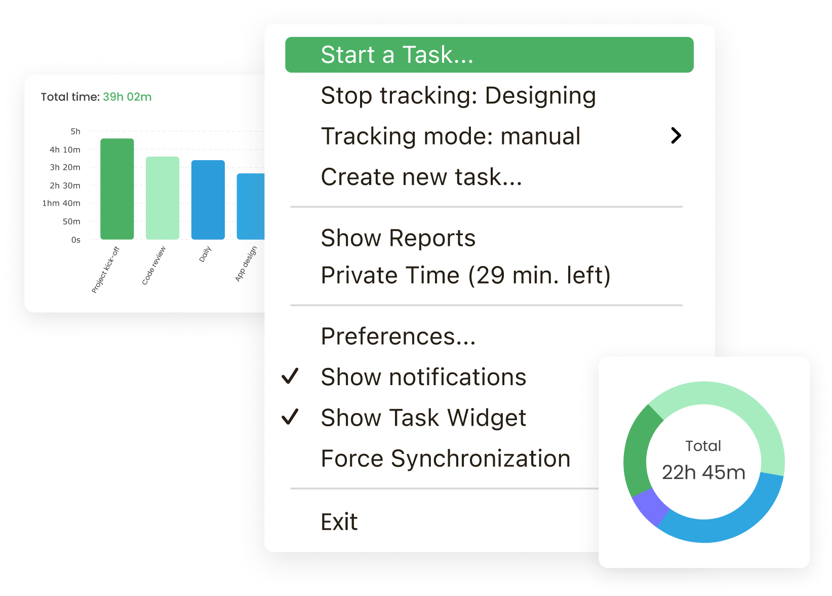 a collage of timecamp desktop app features
