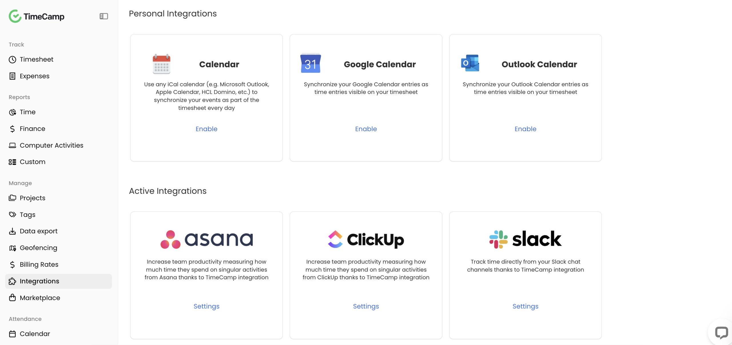 a screenshot of integrations view in timecamp