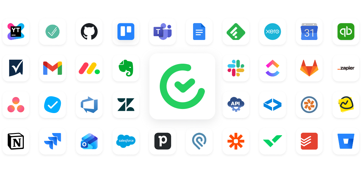 a collage of logos of products that integrate directly with timecamp