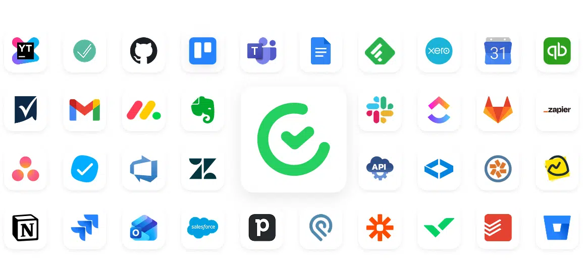a collage of logos of products that integrate directly with timecamp