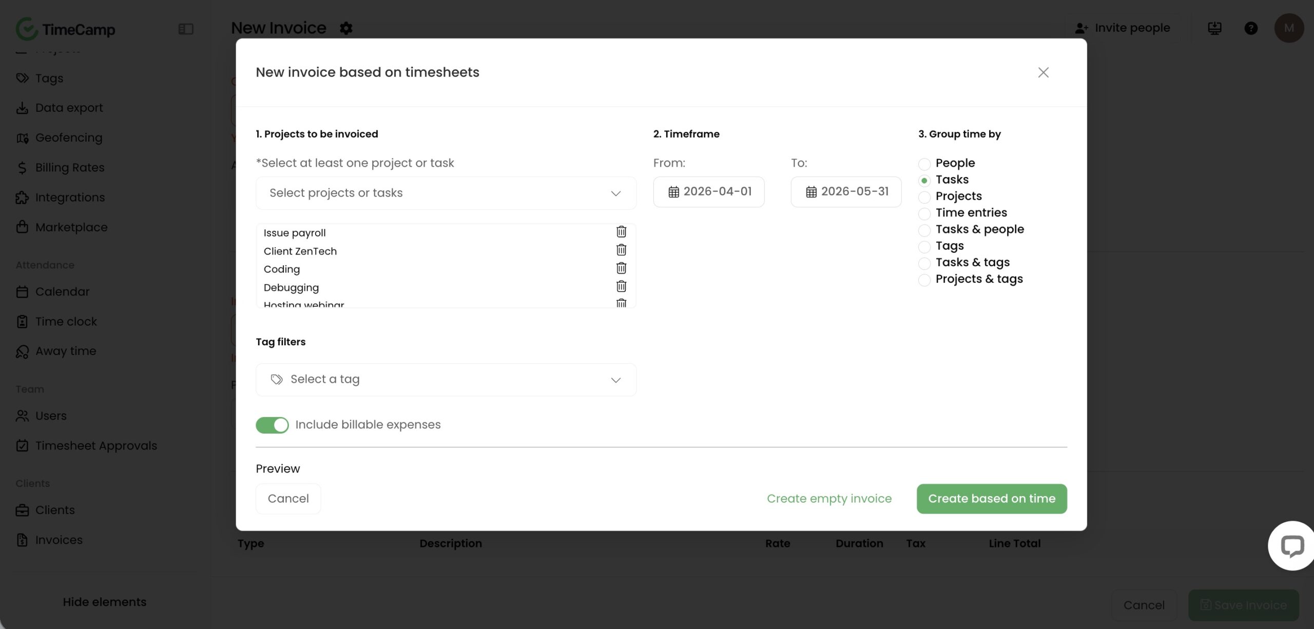 invoicing wizard in timecamp