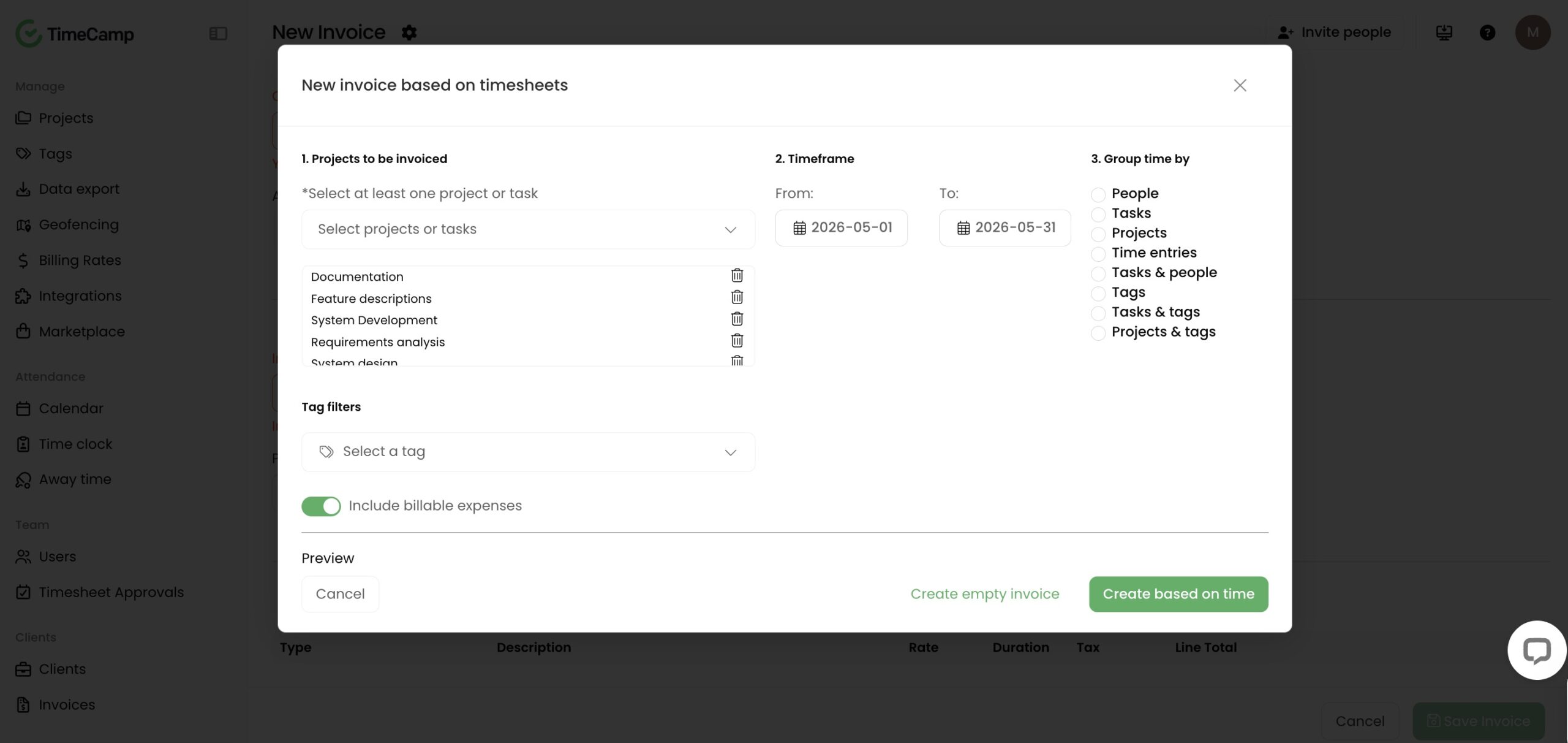 invoicing wizard in timecamp