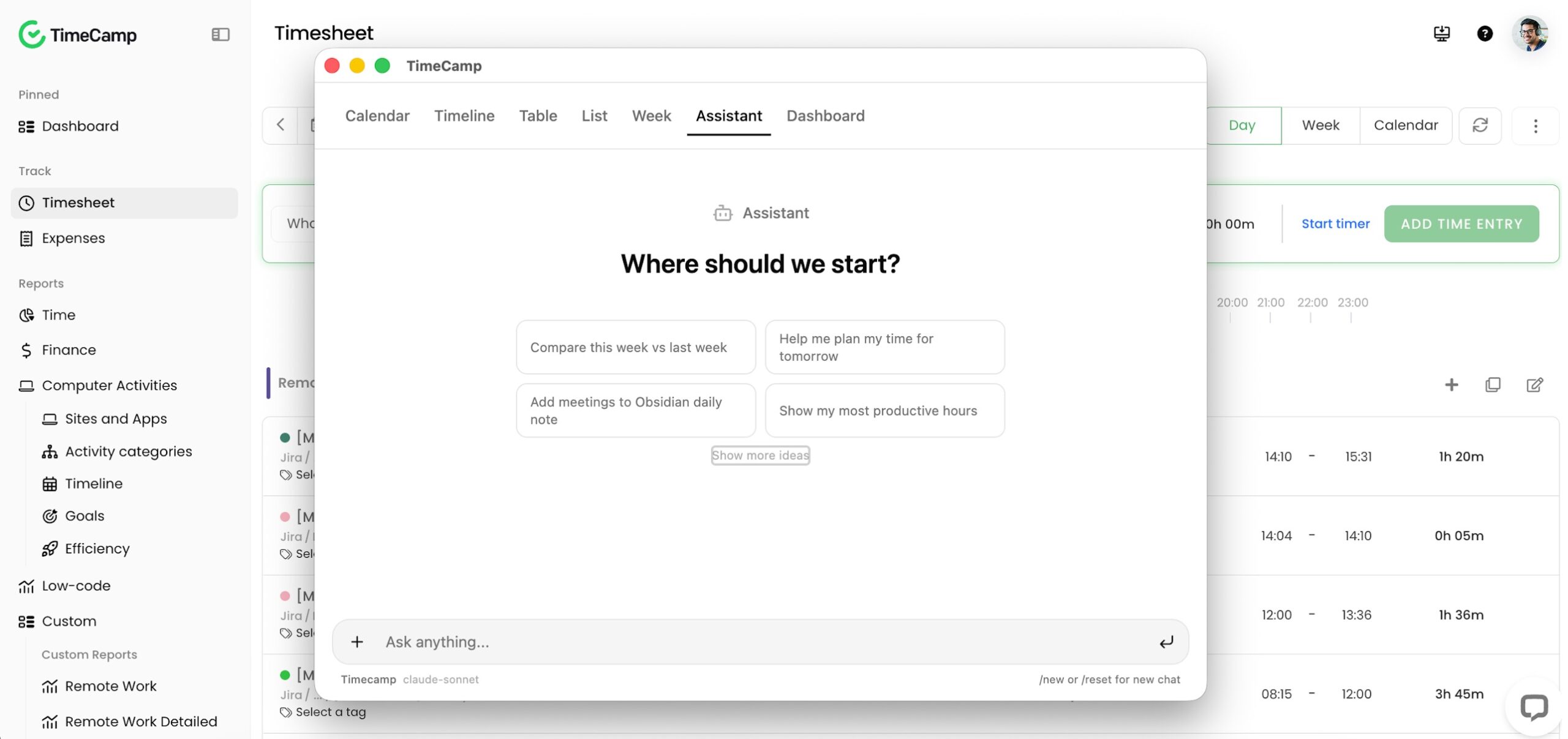a screenshot of timecamp AI time tracker with a timesheet in the background