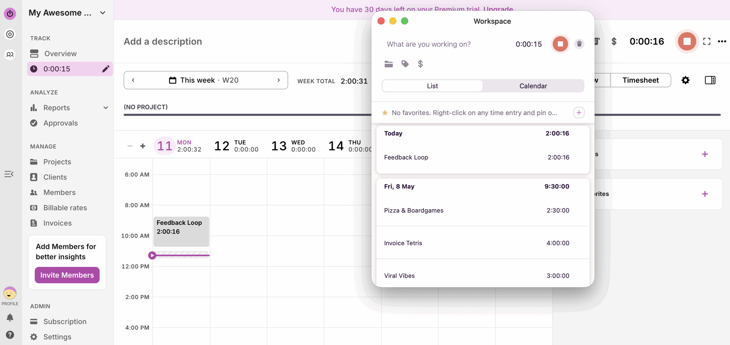 a screenshot of toggl desktop app with a timesheet in the background