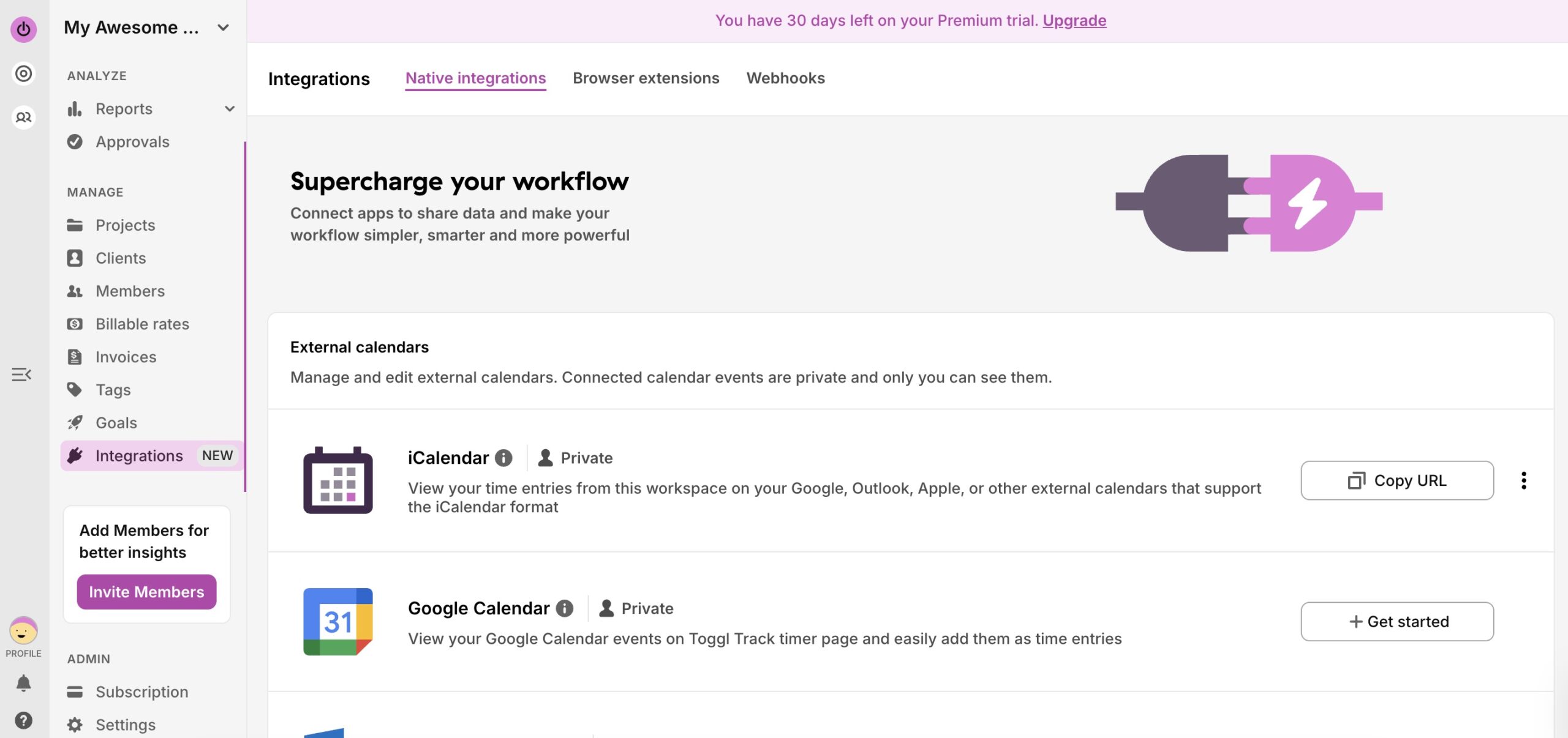 a screenshot of toggl integrations view