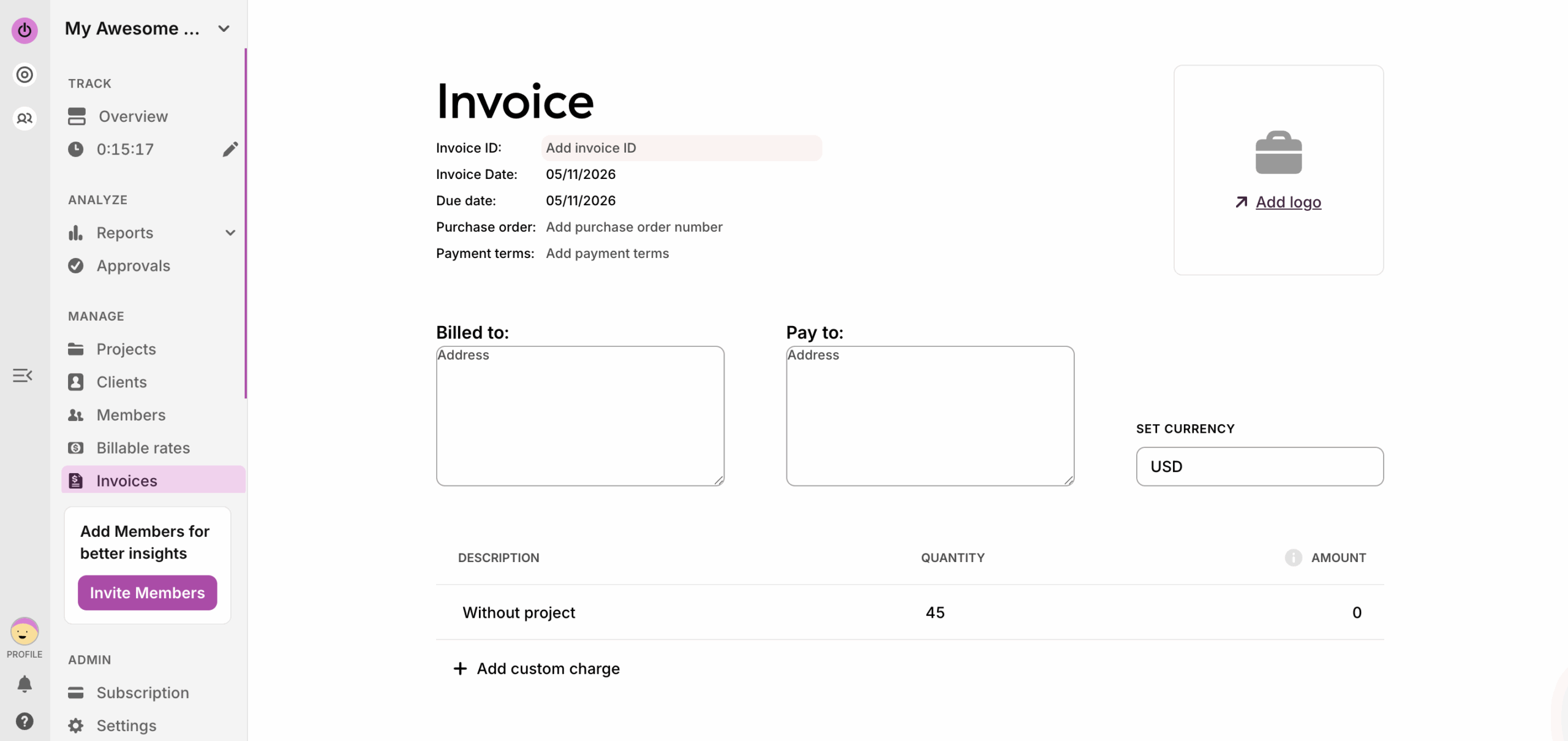 invoice creator view in toggl