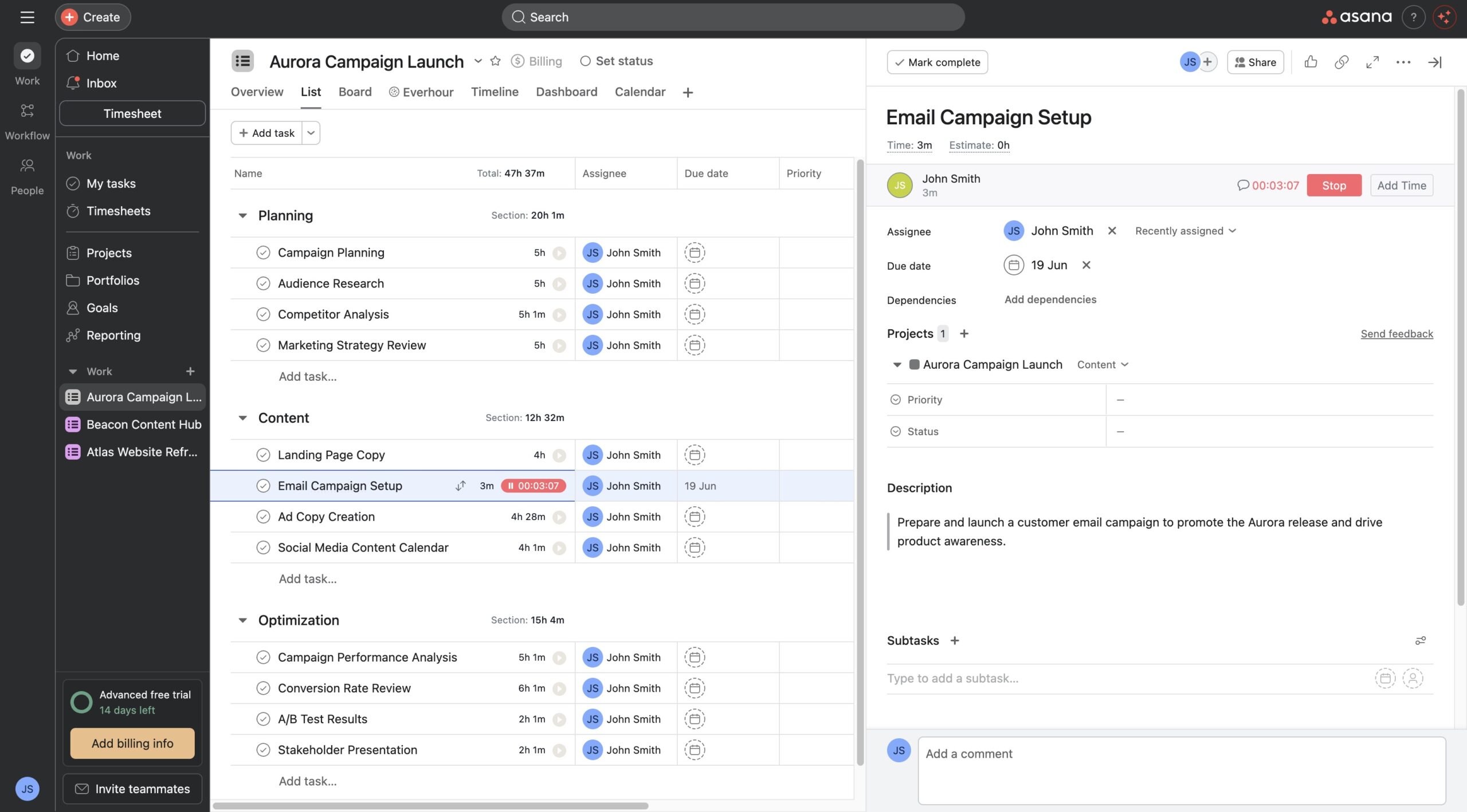 everhour in asana environment