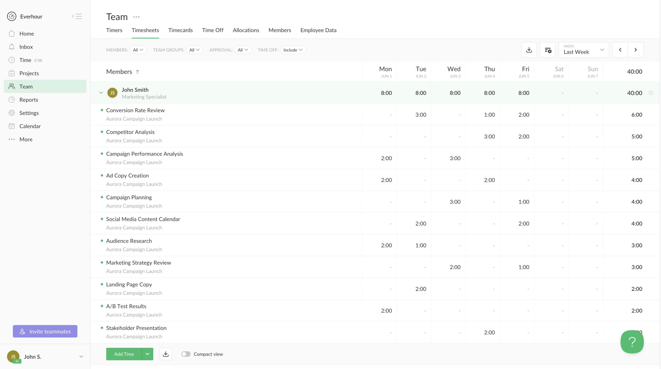 timesheet view in Everhour
