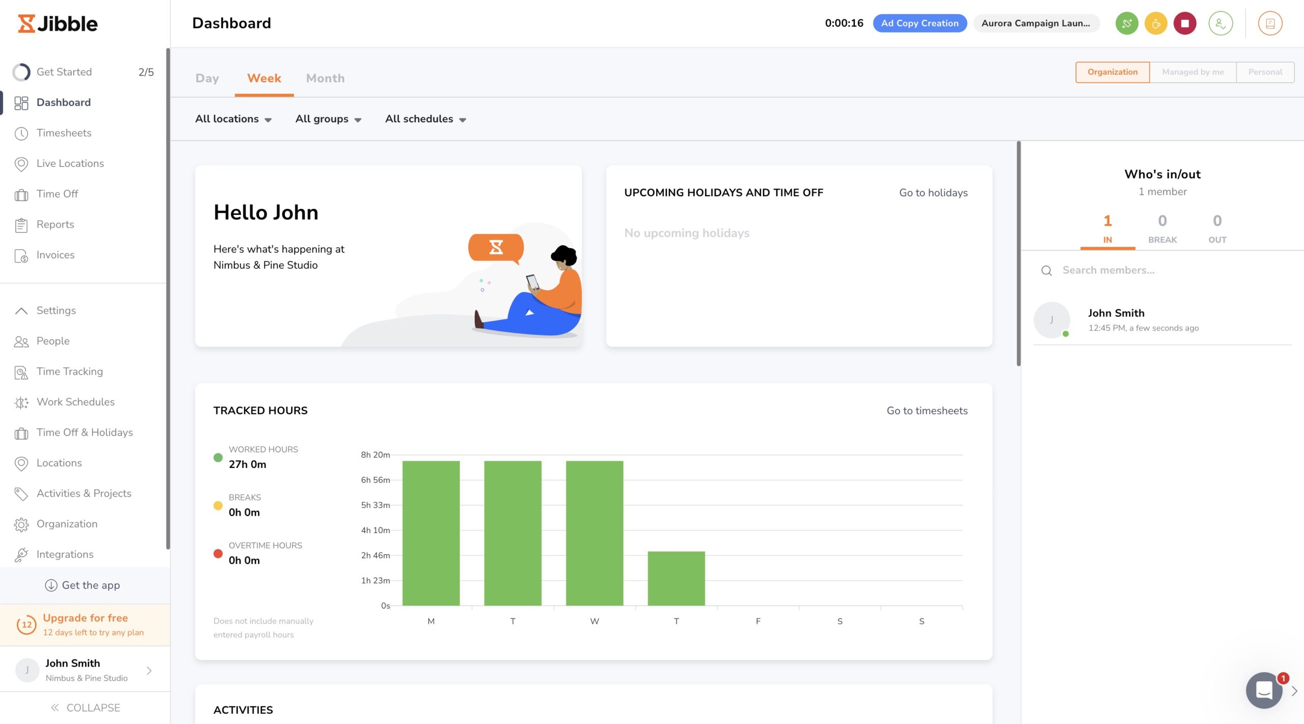 dashboard view in jibble