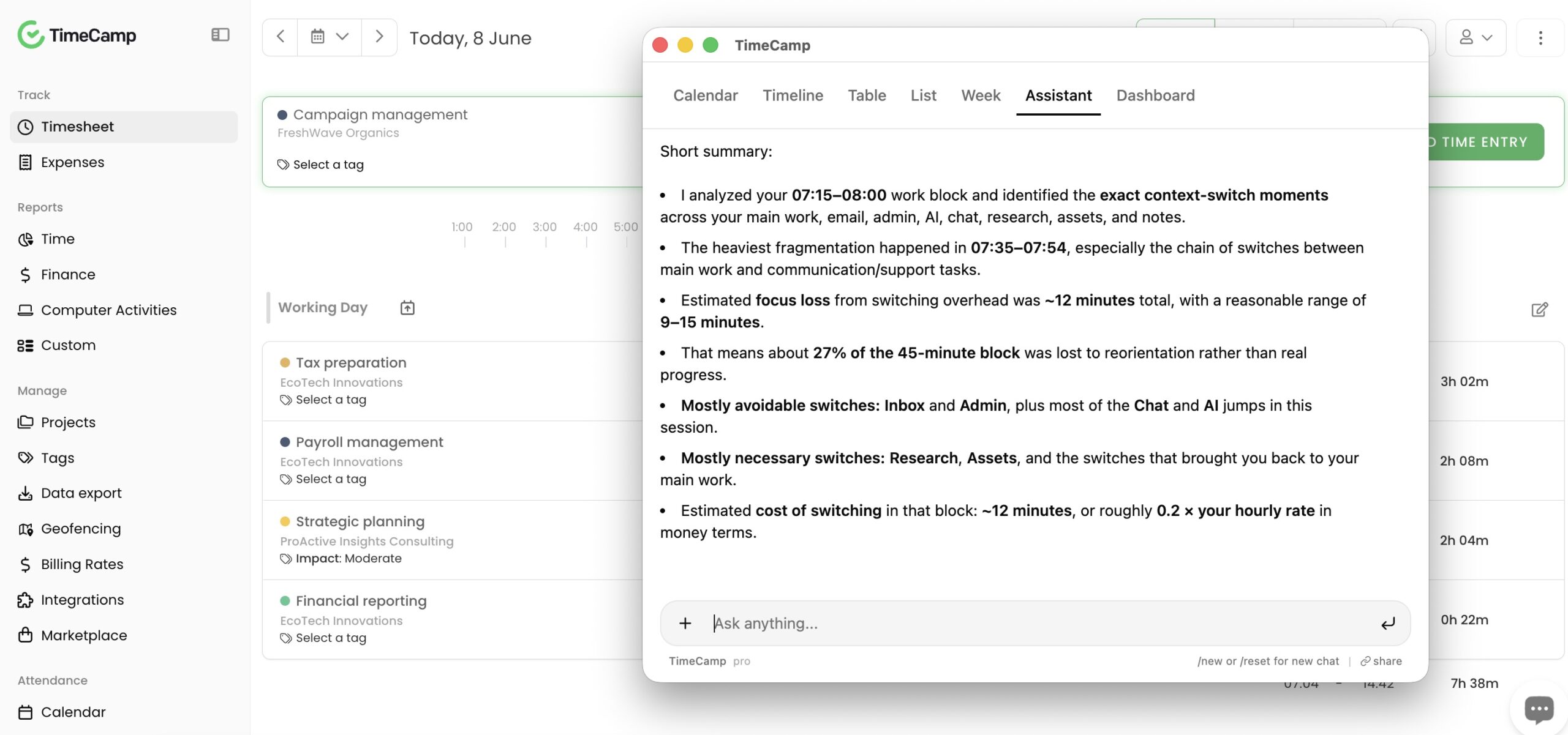 TimeCamp's AI time tracking assistant with a timesheet iew in the background