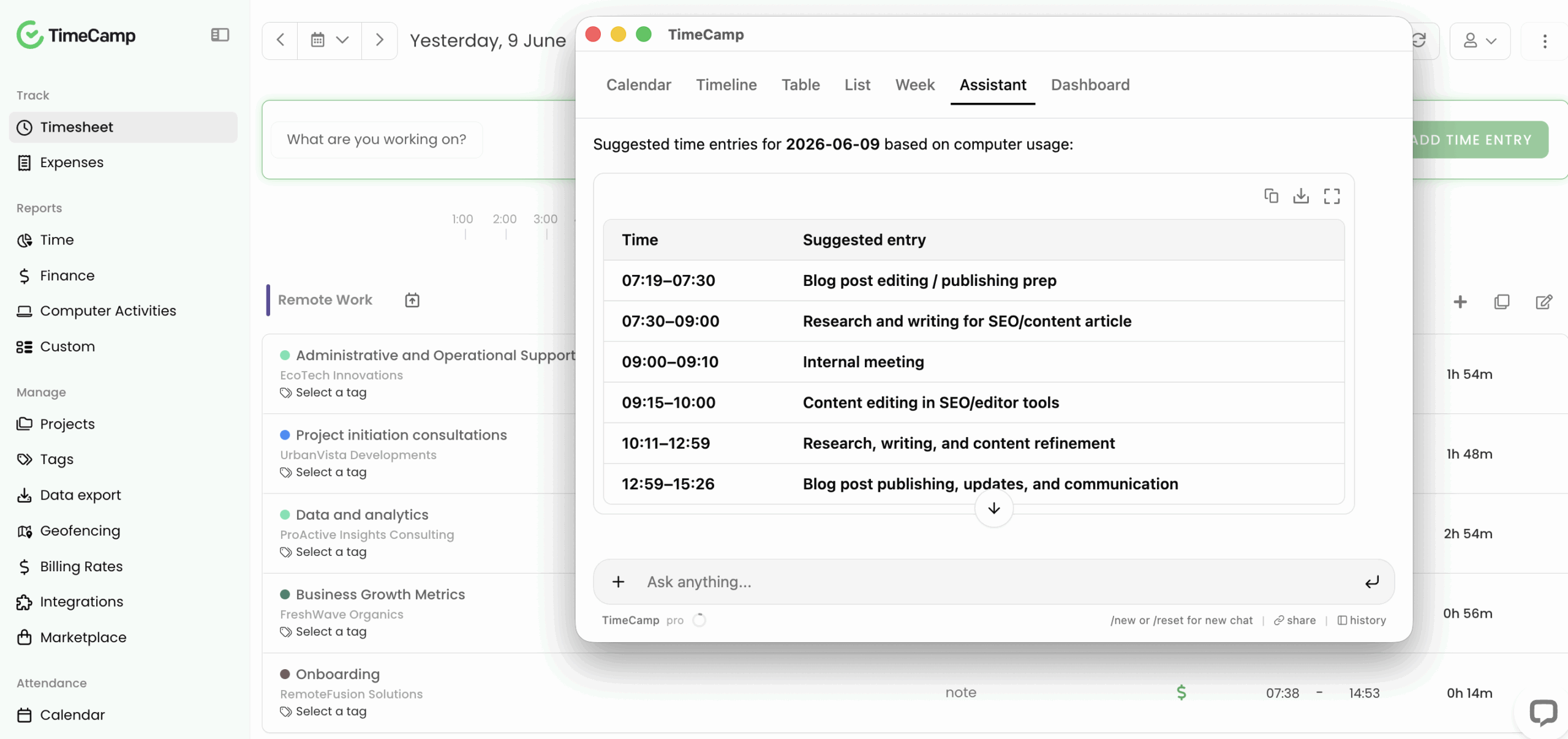 TimeCamp's AI time tracking assistant with a timesheet view in the background