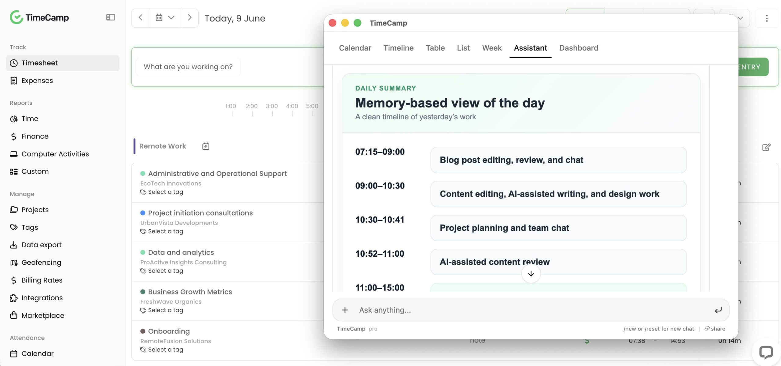 TimeCamp's AI time tracking assistant with a timesheet view in the background