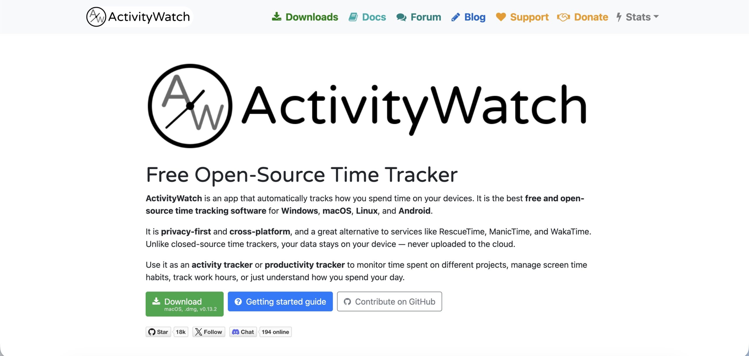 a screenshot of a hero section of ActivityWatch website