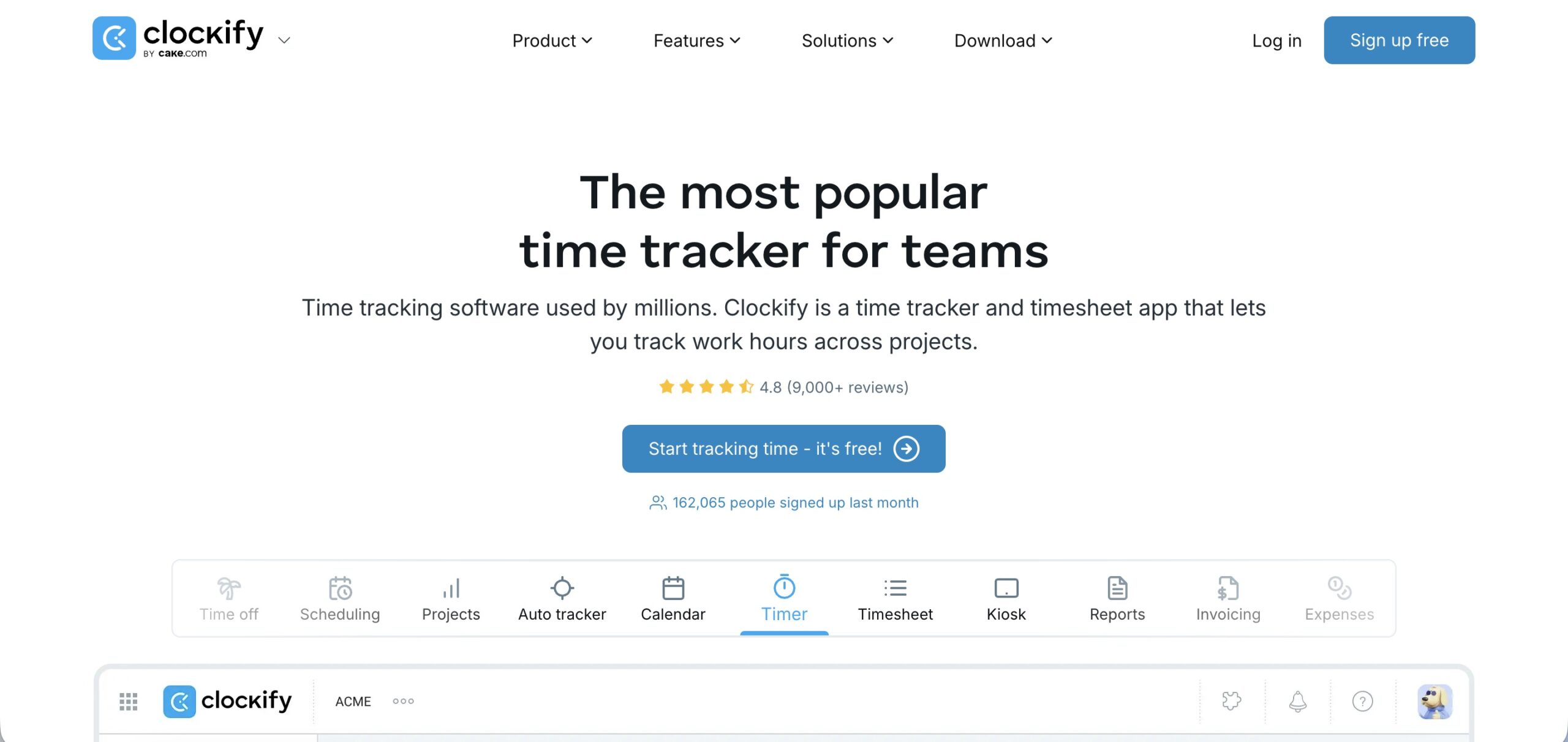 a screenshot of a hero section of Clockify website