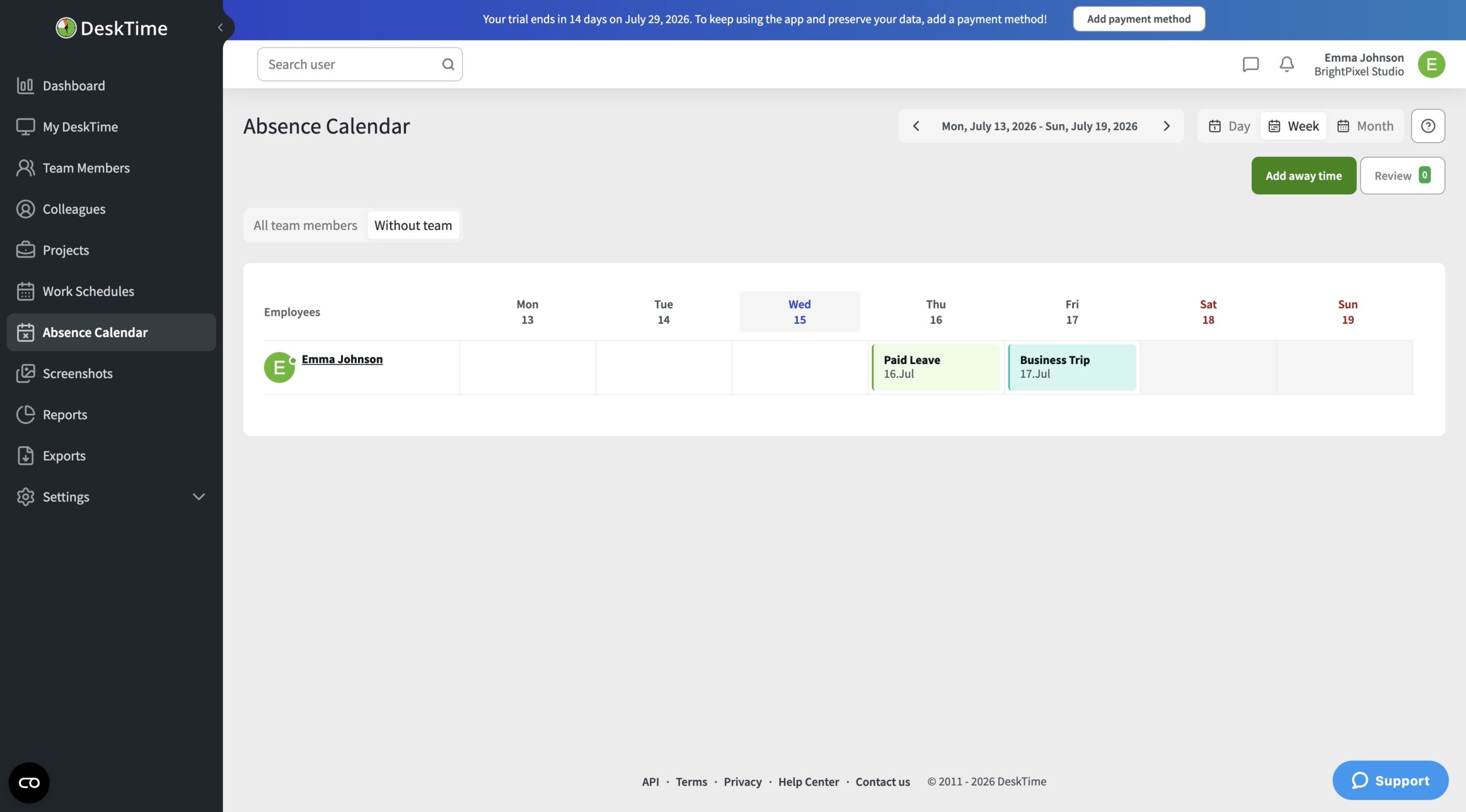 a screenshot od absence calendar in desktime