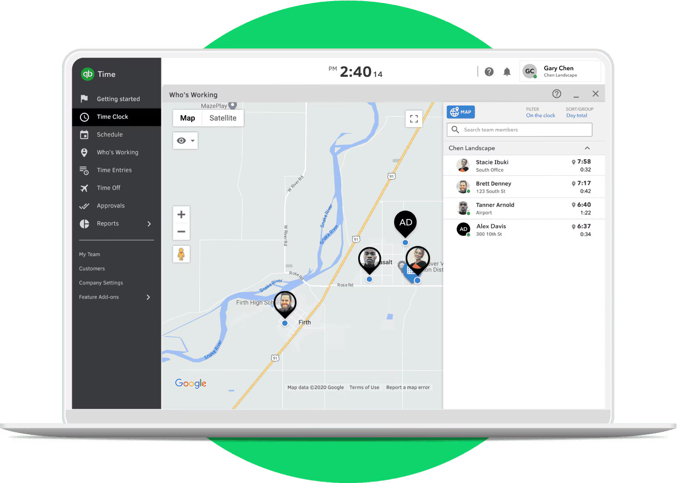 An official promo image of GPS tracking in Quickbooks Time.