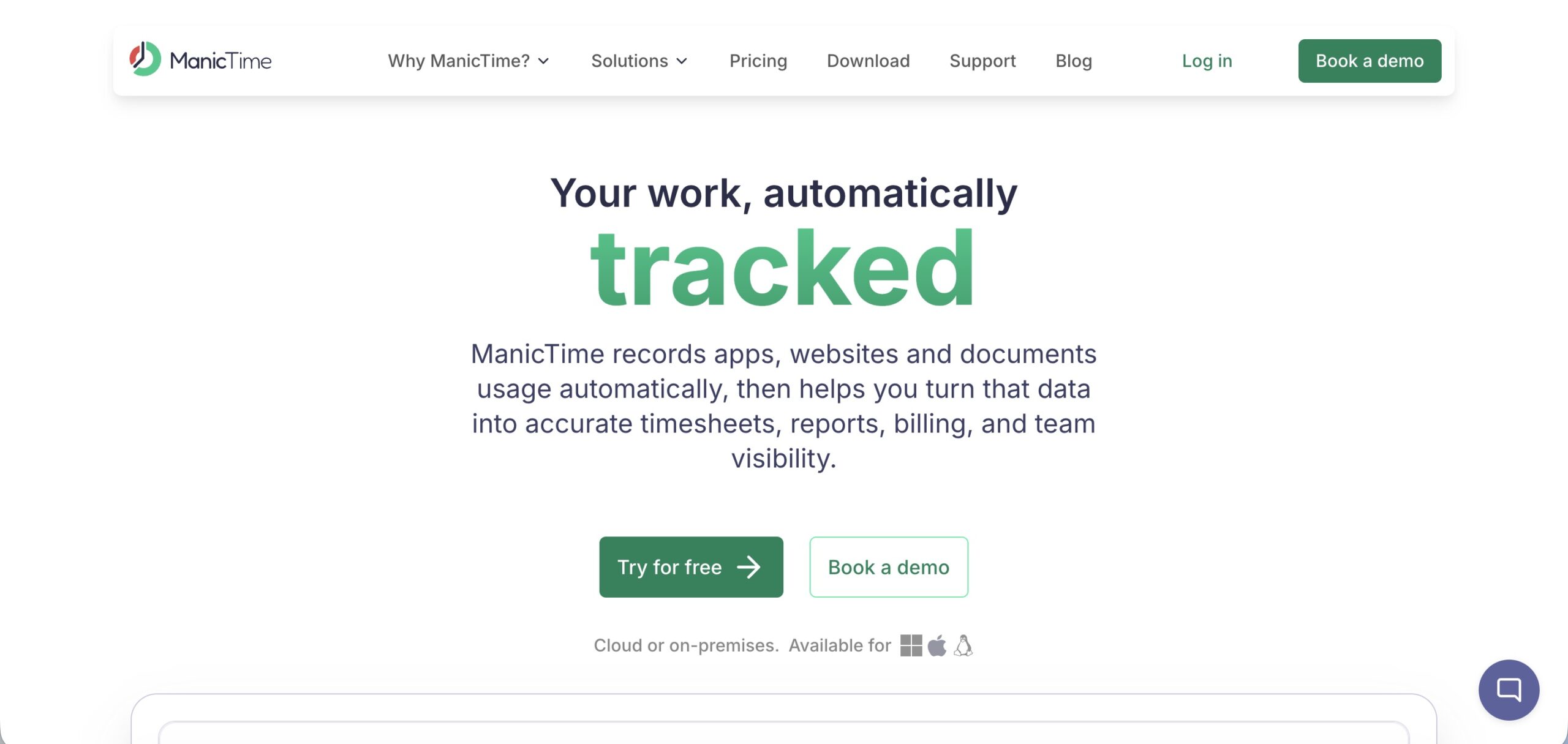 a screenshot of a hero section of Manictime website