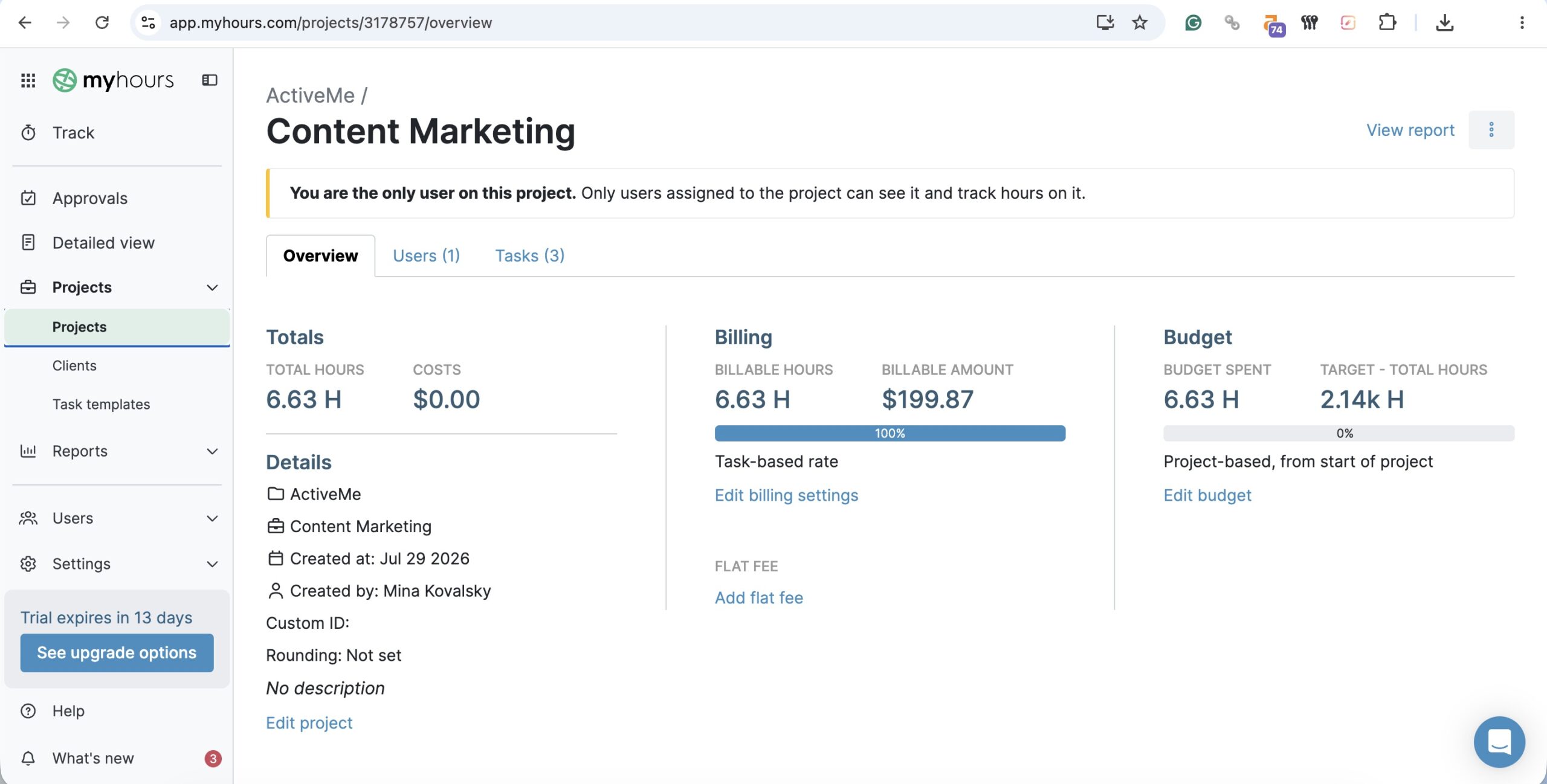a screenshot of a single project dashboard in my hours