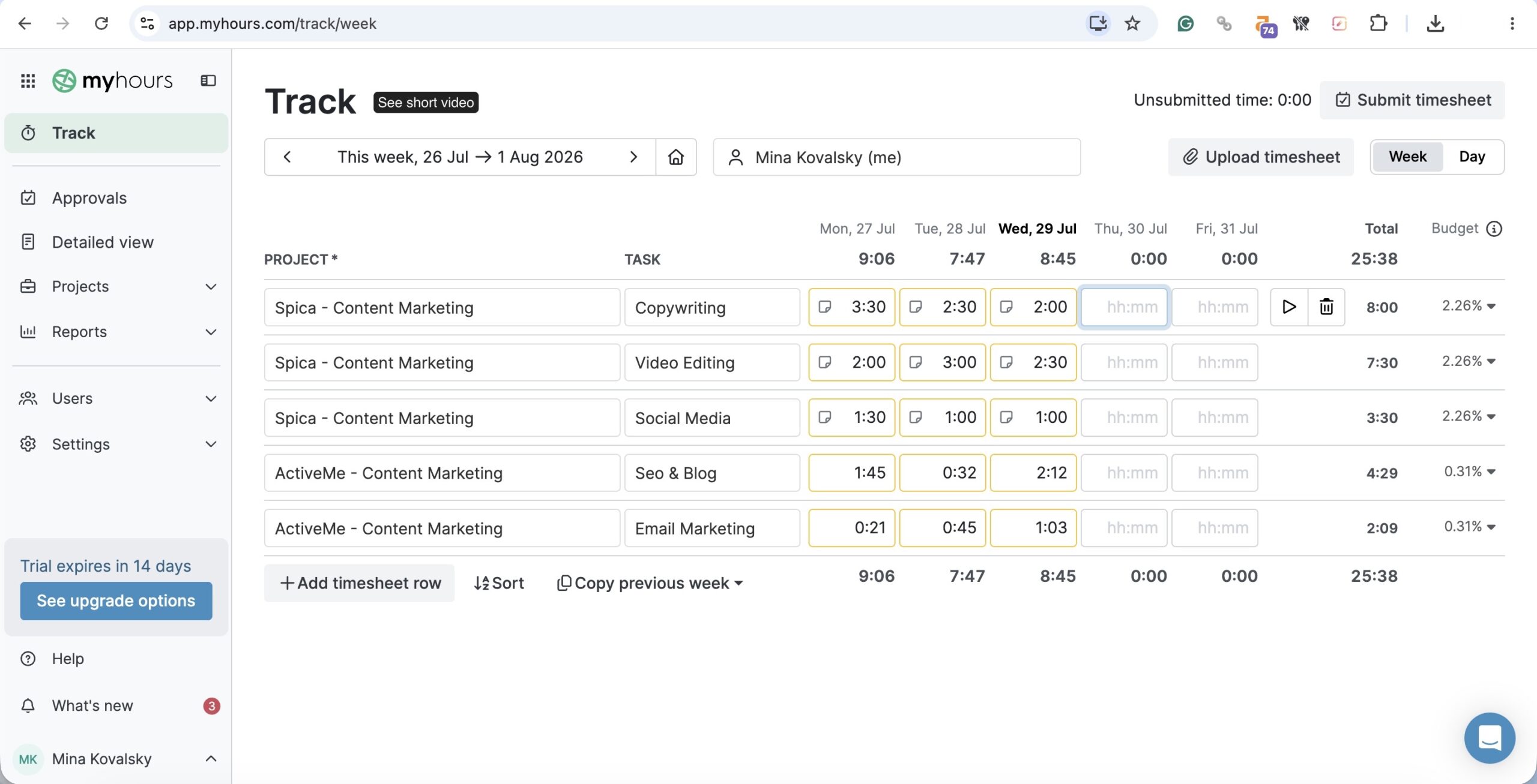 a screenshot of a timesheet view in my hours