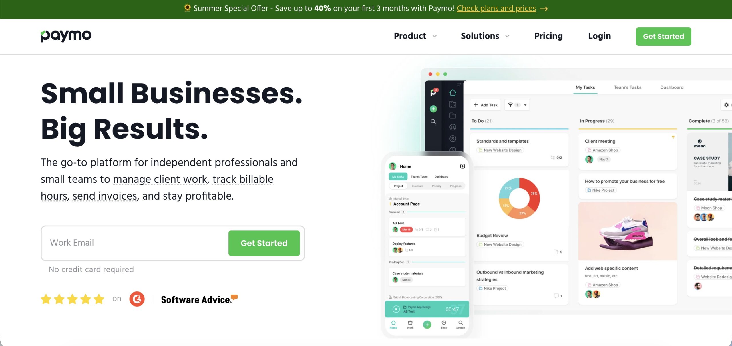 a screenshot of a hero section of Paymo website