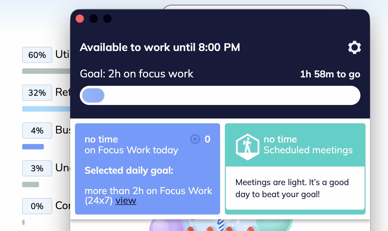 a screenshot of desktop app dashboard in RescueTime