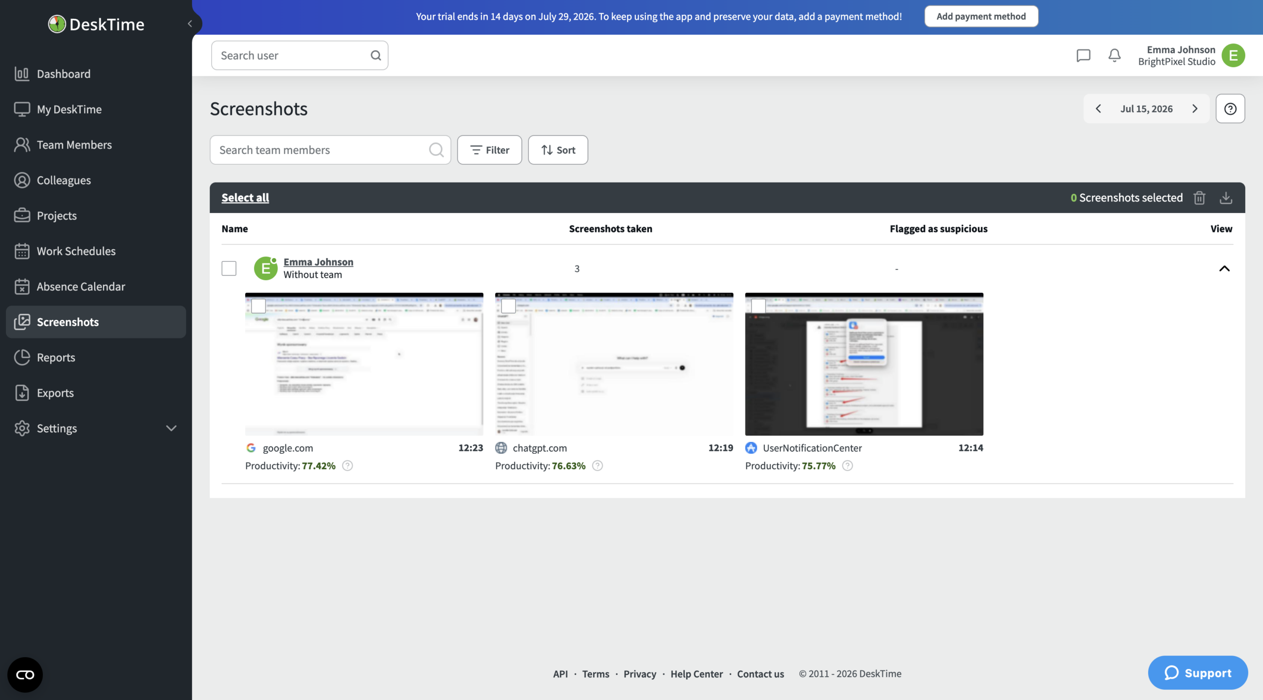 a screenshot of screenshot report in desktime