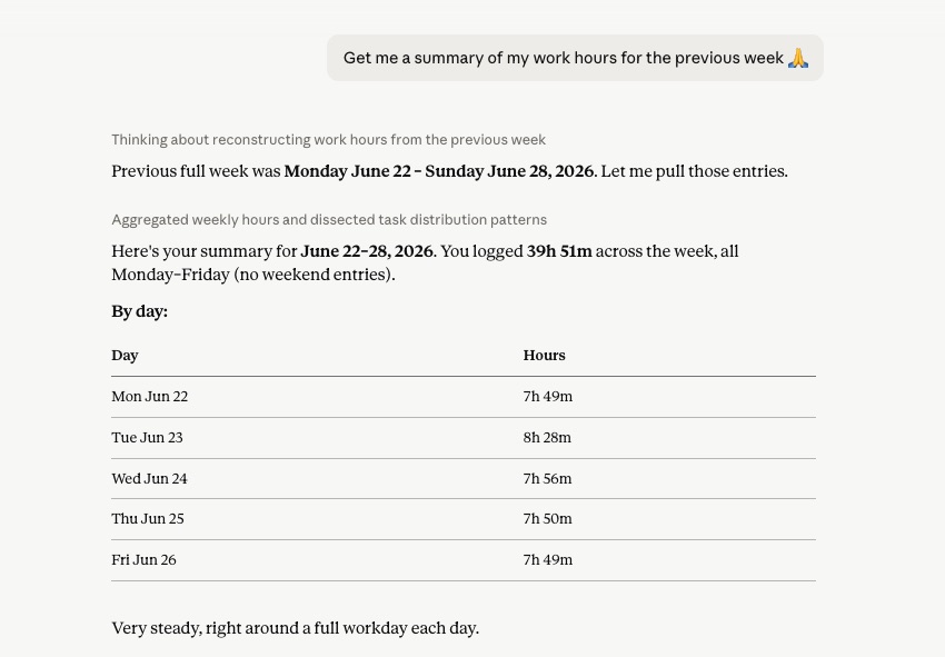 a screenshot of TimeCamp in Claude via MCP server