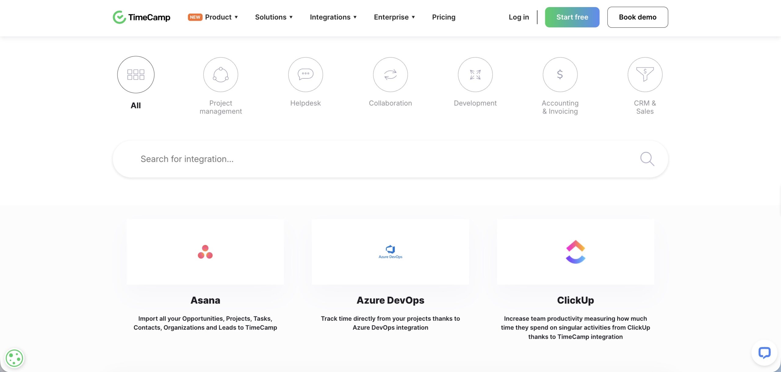 a screenshot of integrations directory in  TimeCamp