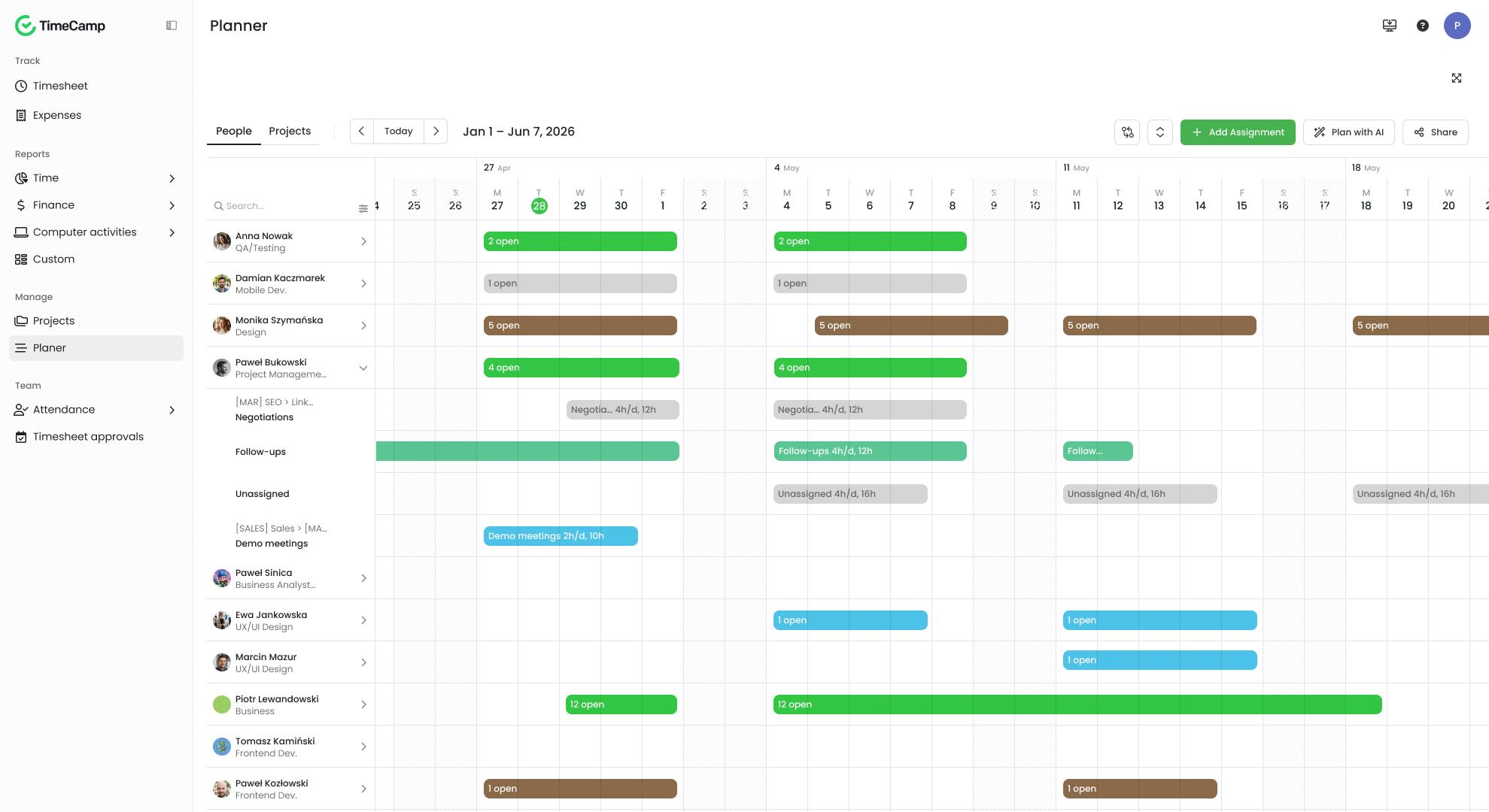 a screenshot of resource planning feature in TimeCamp