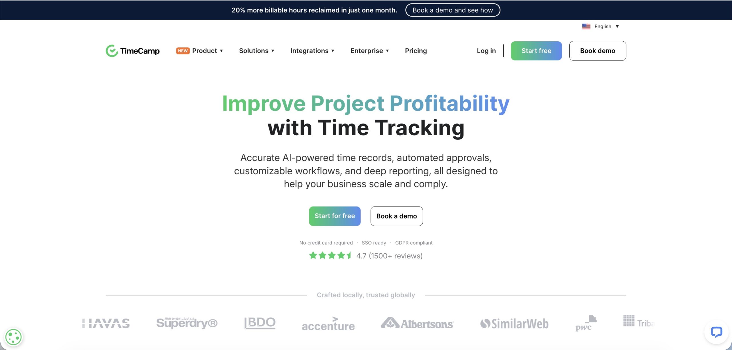 a screenshot of a hero section of TimeCamp website for a blog post about rescuetime alternatives