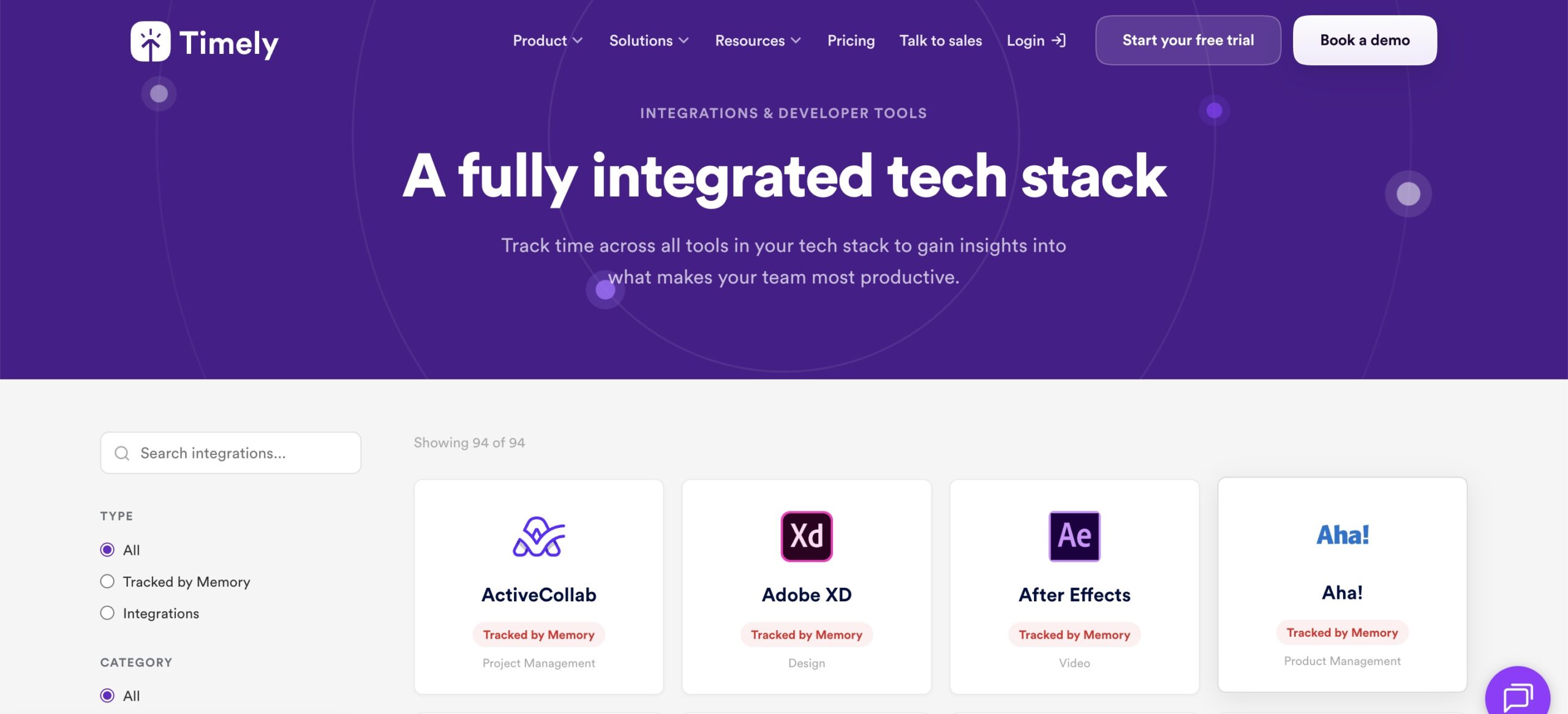 a screenshot of the hero section of integrations directory in Timely