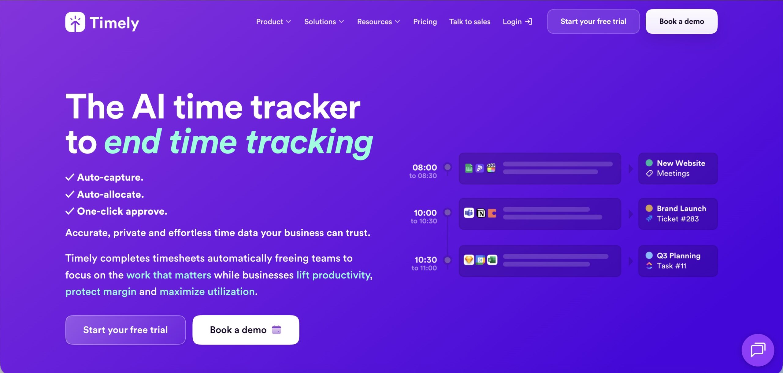 a screenshot of a hero section of Timely website