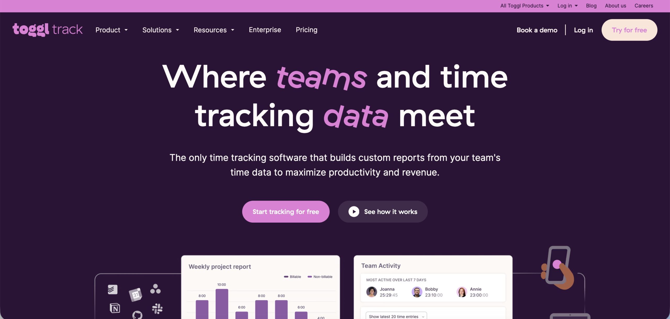 a screenshot of a hero section of Toggl Track website