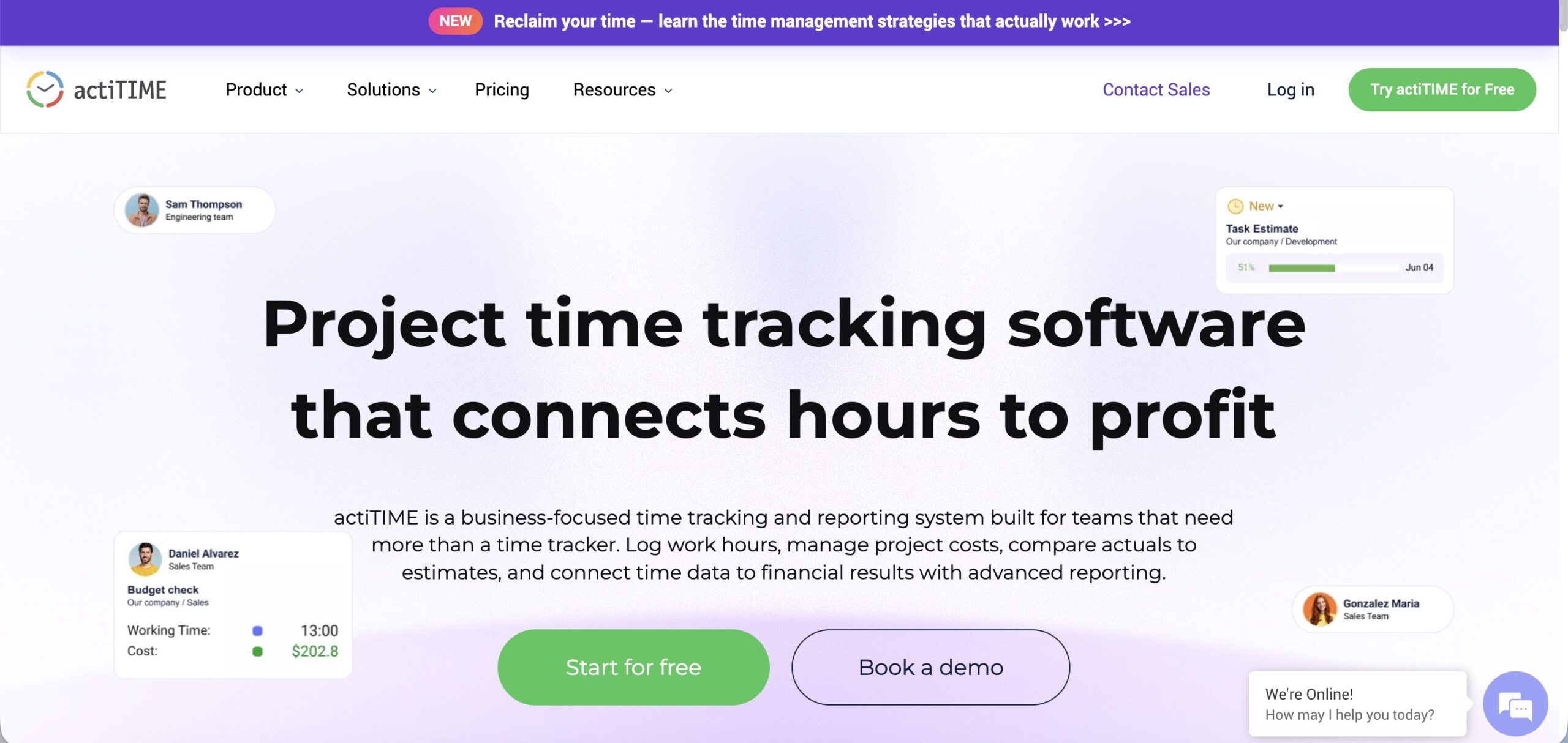 a screenshot of hero section of actitime website