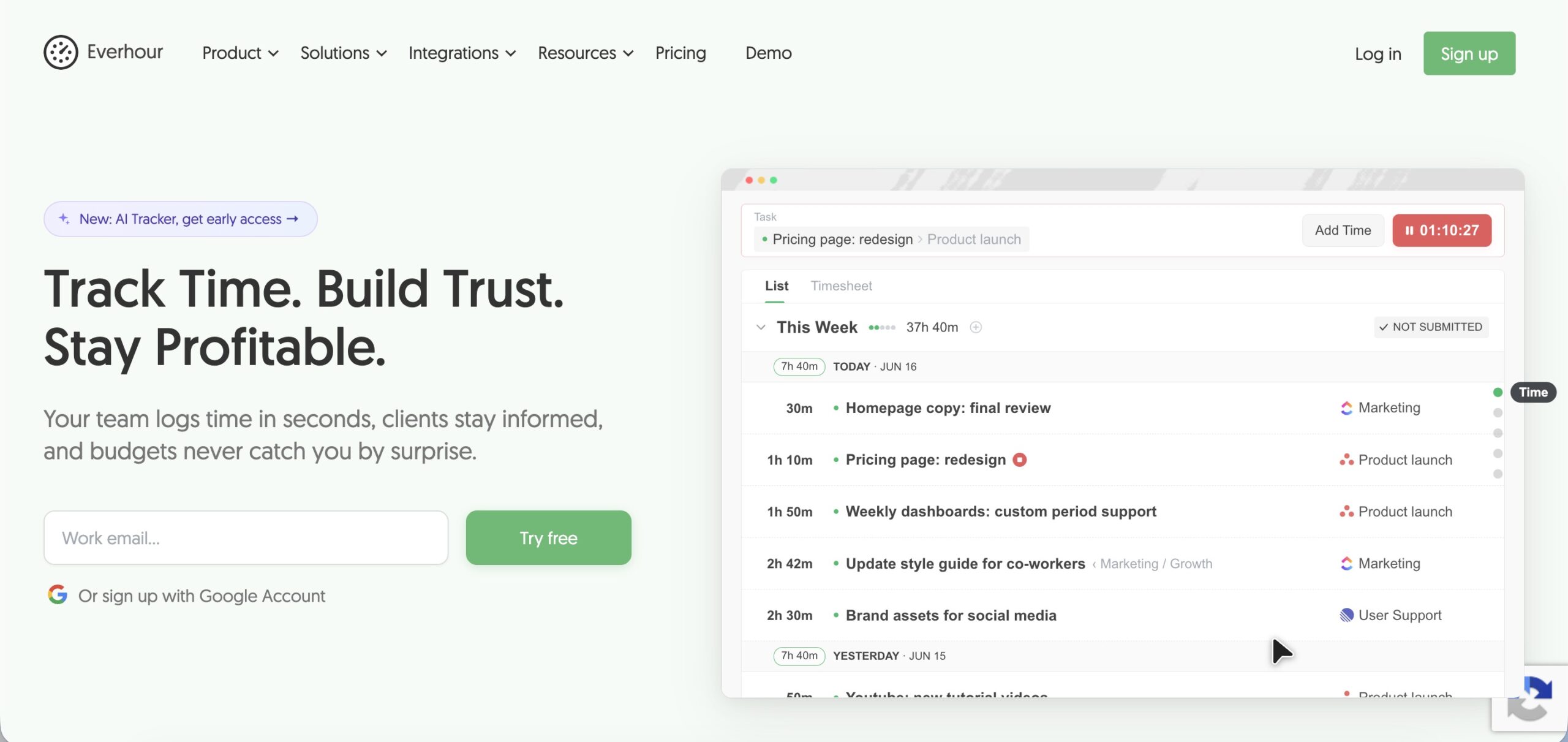 a screenshot of hero section of everhour website