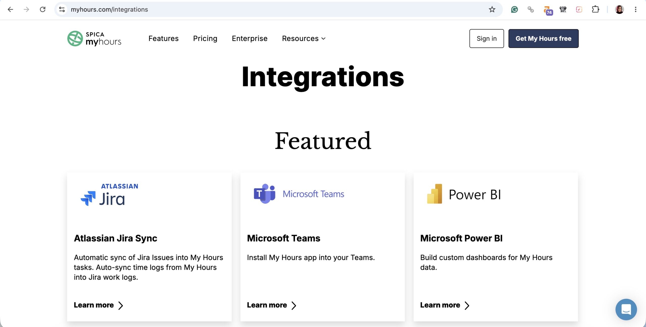 a screenshot of hero section of my hours integrations LP