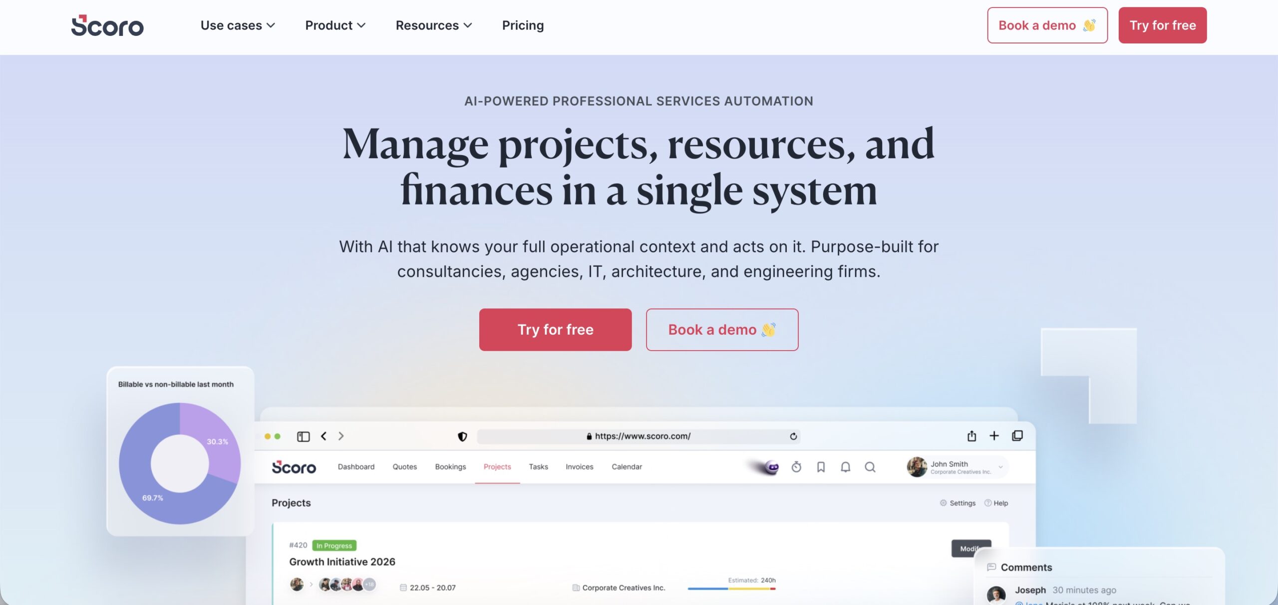 a screenshot of hero section of scoro website