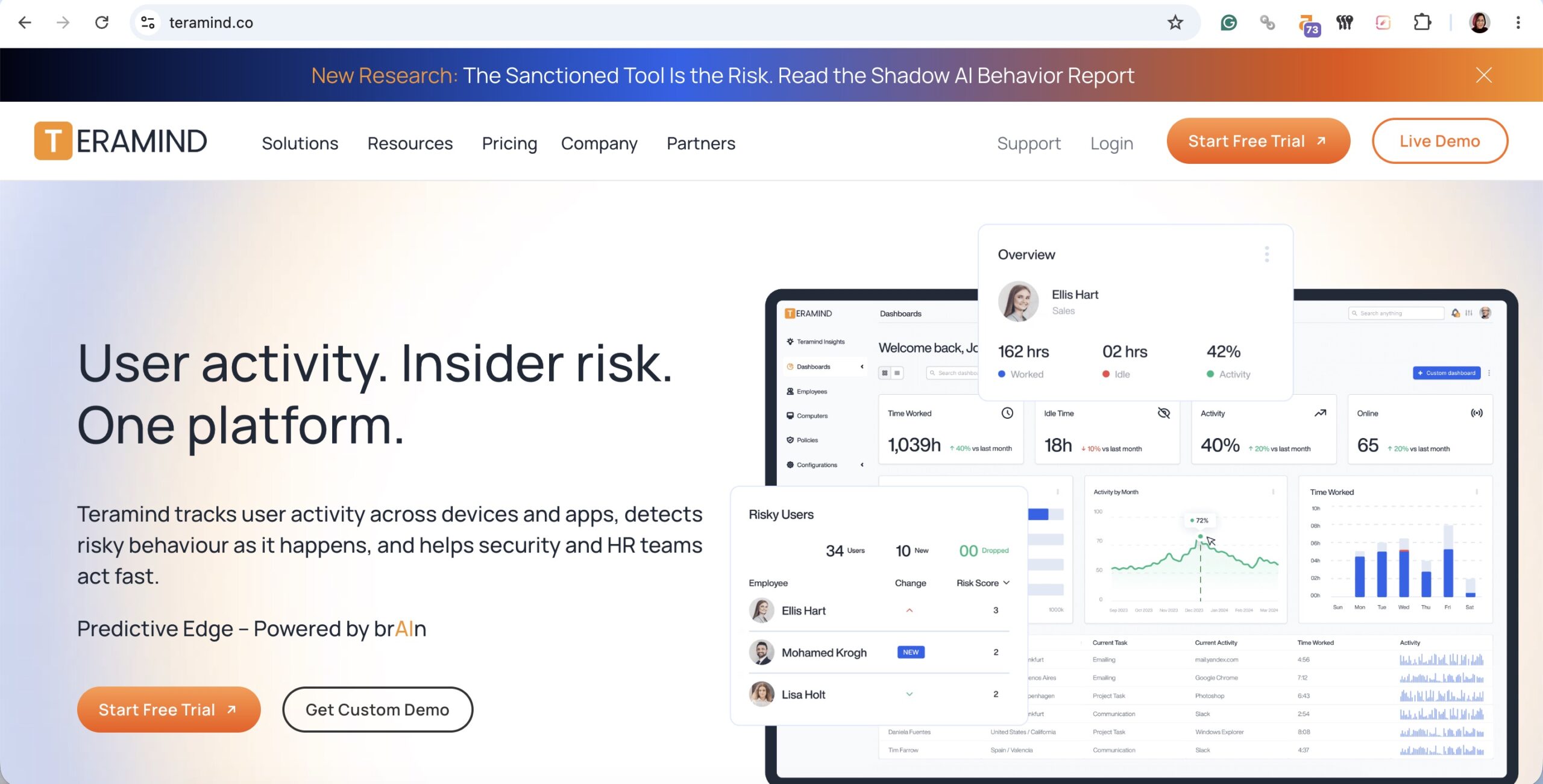a screenshot of hero section of teramind website for a blog post about activtrak alternatives