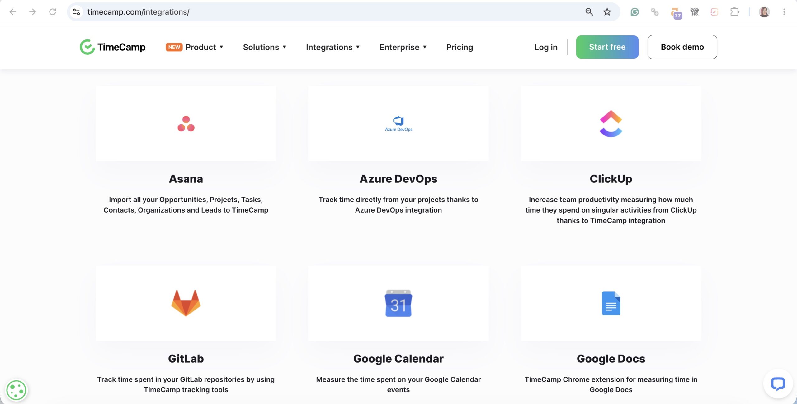 a screenshot of timecamp integrations page