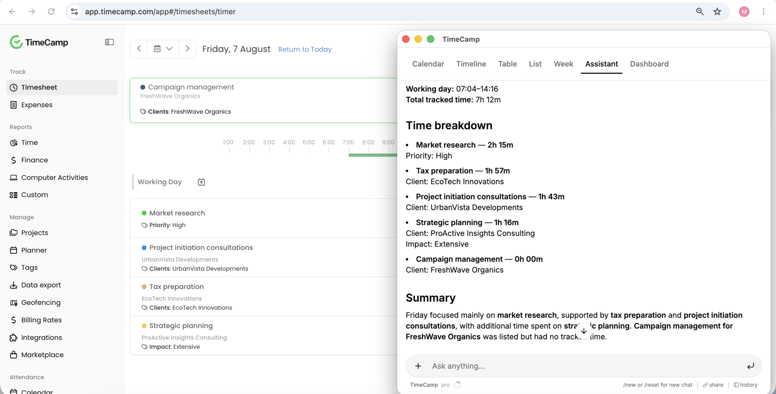 screenshot of timecamp web interface featuring an ai time tracker 