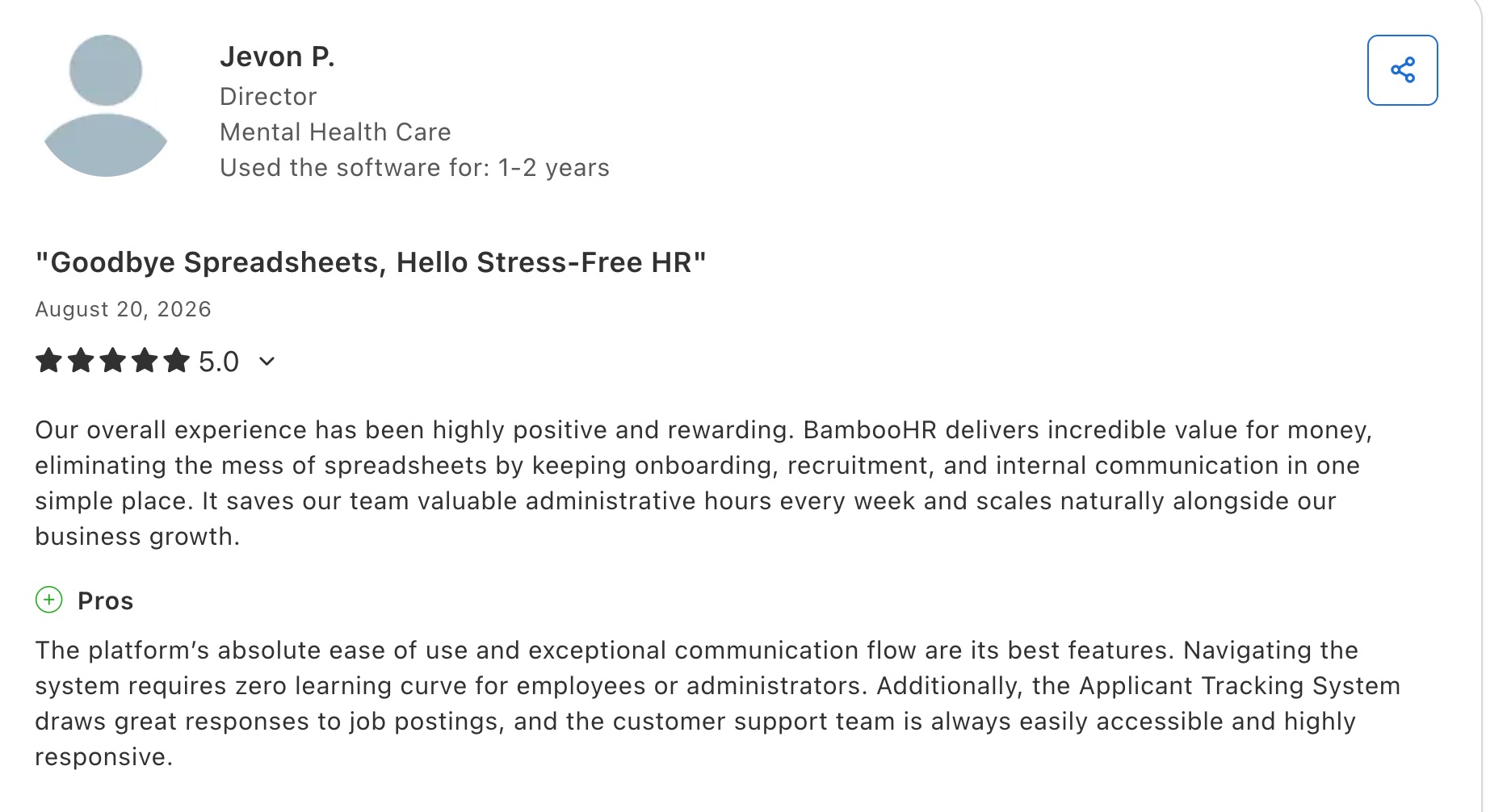 a screenshot of capterra review of bamboohr